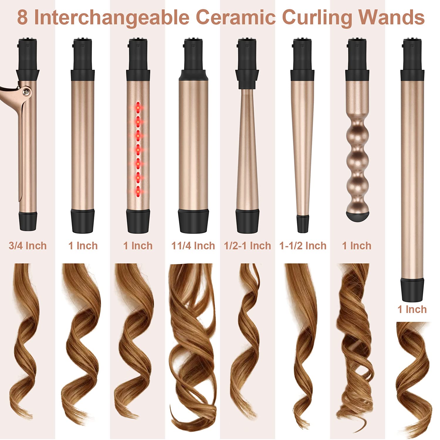 8-in-1 Infrared Ceramic Curling Iron Set with Interchangeable Barrels - Professional Hair Curler Wand for Long & Short Hair - LED Temperature Control, Heat Resistant Glove & Hair Clips Included - Perfect for Salon Styling, Home Use & Special Occasions