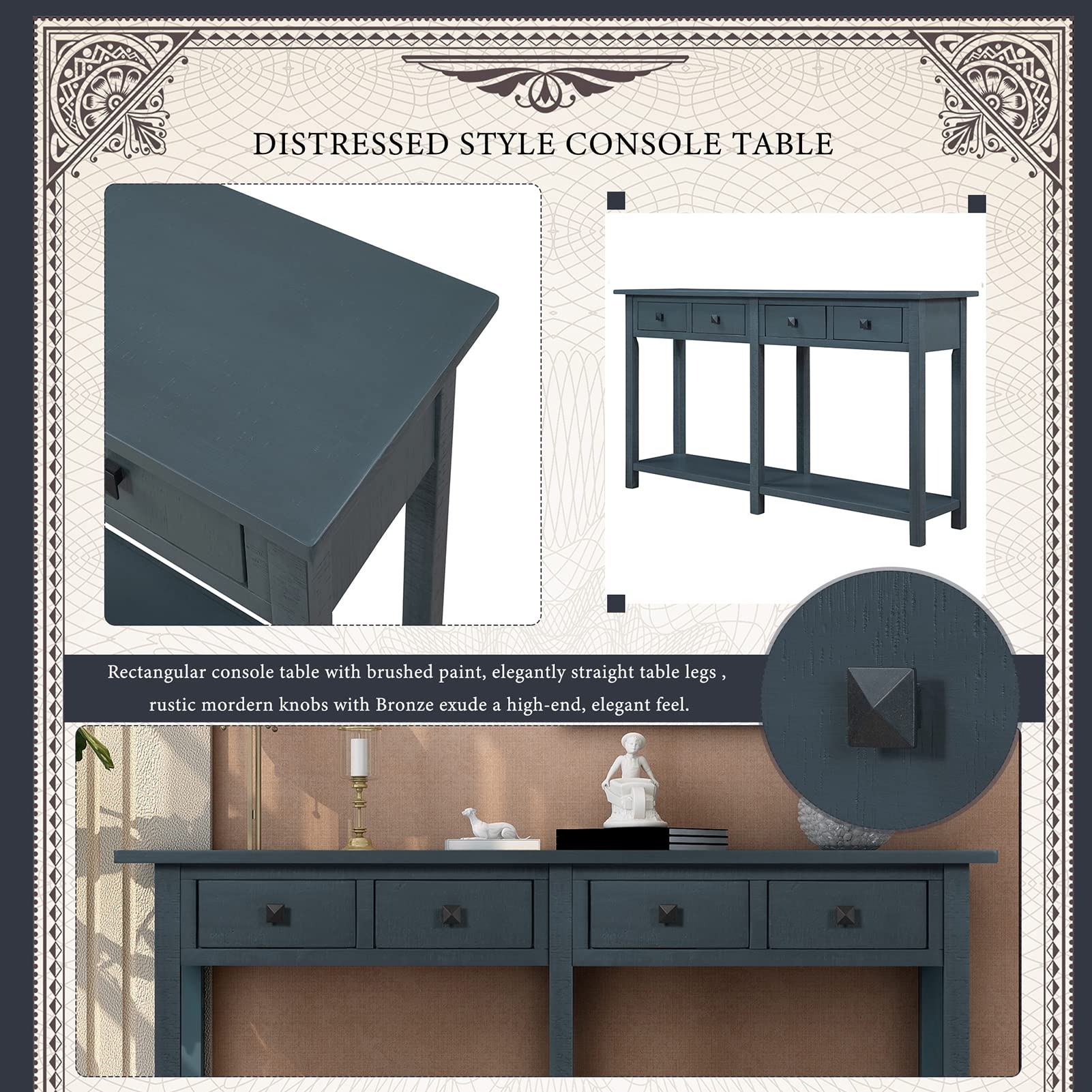 59 Inch Rustic Console Table with 4 Drawers & Open Shelf - Narrow Long Entryway Sofa Table, Brushed Texture Hallway Foyer Table for Living Room, Front Hall, Kitchen Counter - Perfect for Home Decor, Small Space Storage & Entryway Organization
