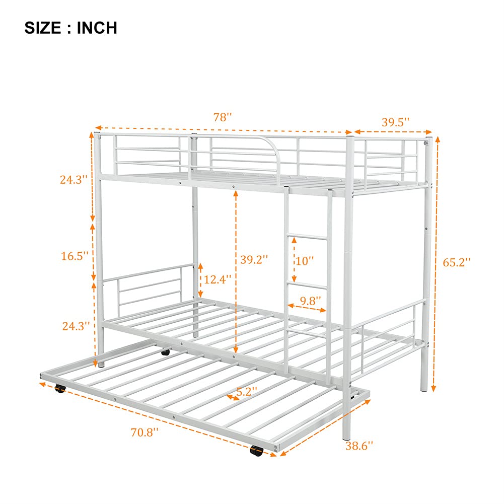 Metal Twin Over Twin Bunk Bed with Trundle - Convertible to 2 Separate Beds, No Box Spring Required - Space Saving Kids Bedroom Furniture for Small Rooms, Dorms & Guest Rooms (White)
