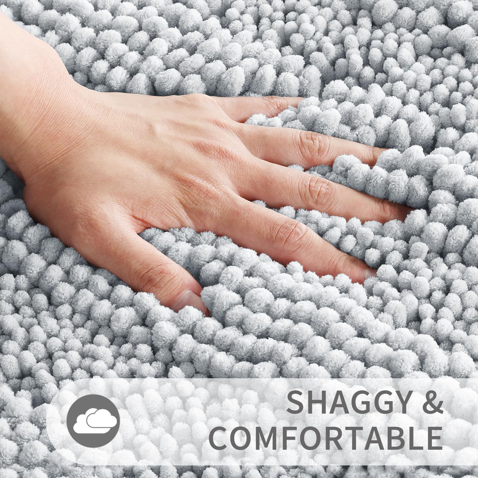 Luxury Chenille Bathroom Rugs Set of 2 - Extra Thick Non-Slip Quick Dry Bath Mats for Shower Floor, Soft Fluffy Microfiber Absorbent Machine Washable Bath Rugs (Silver Grey, 20