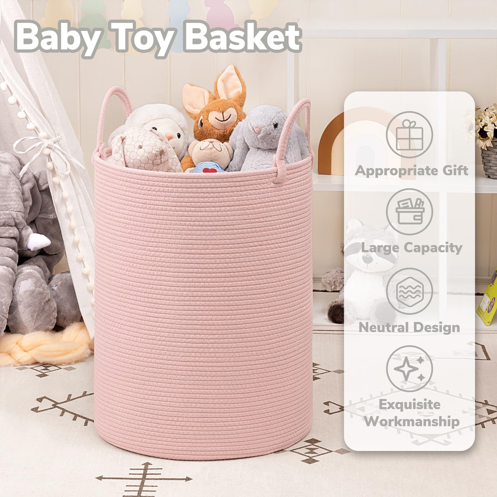 INDRESSME Pink Laundry Basket for Girls & Kids - Woven Rope Storage Hamper for Nursery, Bedroom & Living Room - Tall Toy & Blanket Organizer Bin (19.7 x 13.8 Inches) - Perfect for Kids' Room Decor, Clothes Storage & Playroom Organization