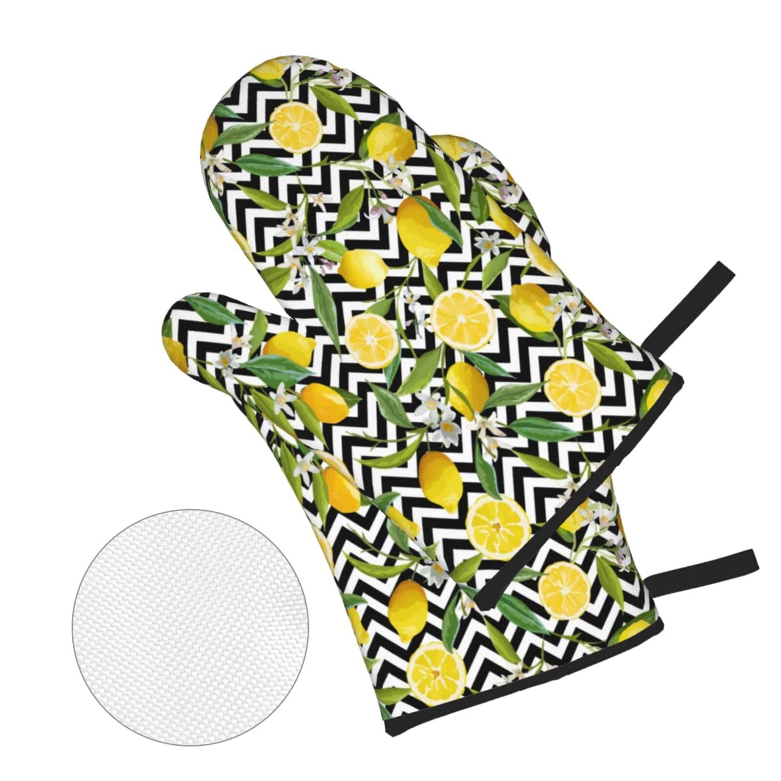 Heat Resistant Oven Mitts and Pot Holders Set - Lemon Black White Chevron Pattern Kitchen Gloves with Cotton Liner for Baking, Cooking, Grilling & BBQ - Perfect for Microwave, Stovetop and Outdoor Cooking