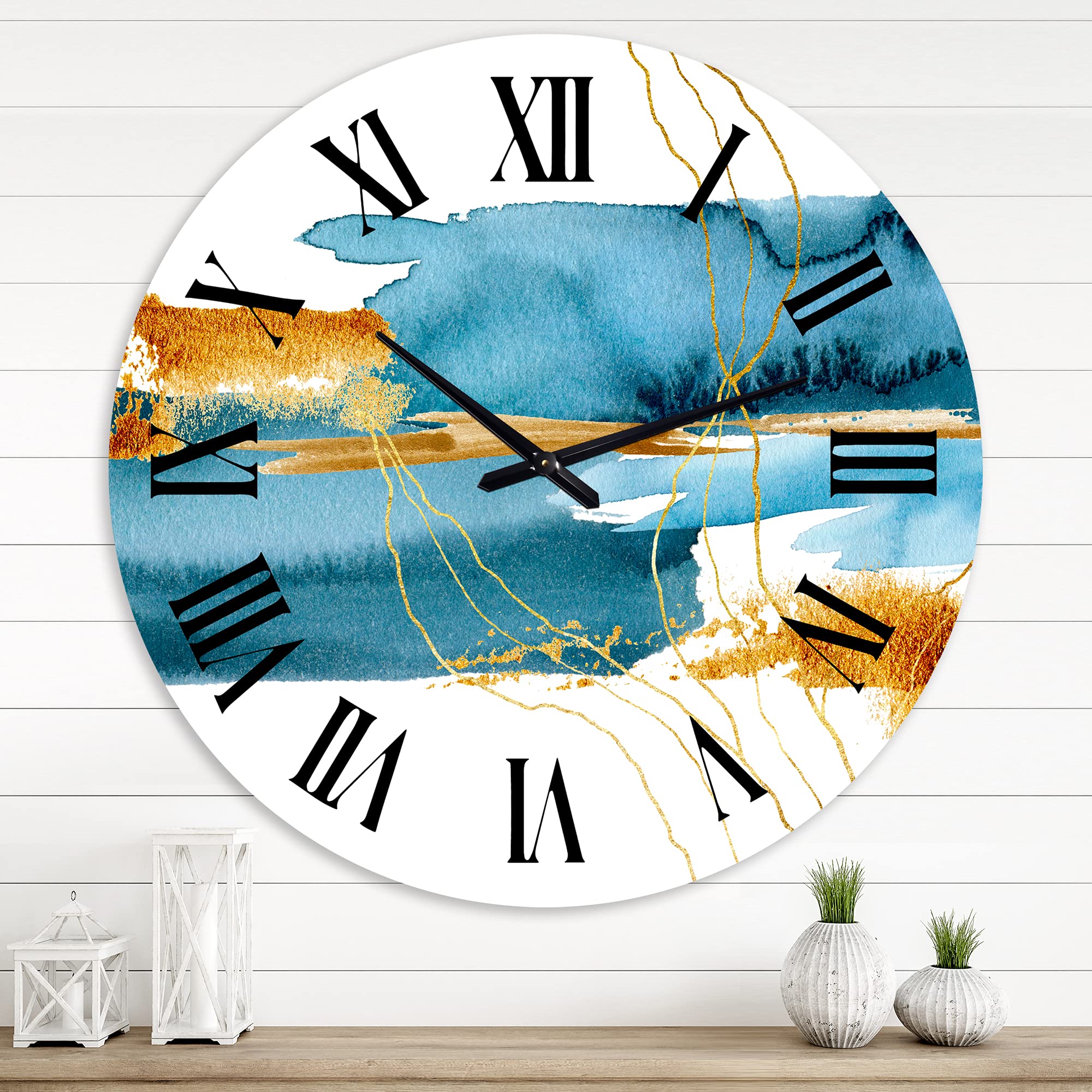 Modern Abstract Wall Clock with Blue Underwater Plant & Golden Laminaria Branch Design - Large Fractal Art Wall Clock for Living Room, Bedroom, Office Decor | Perfect for Home, Office & Gift Giving