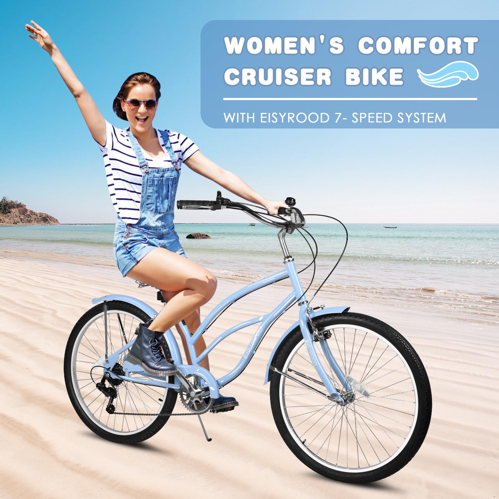 26 Inch Women's Beach Cruiser Bike - 7 Speed Hybrid Cruiser Bicycle for Adults, Lightweight Frame with Anti-Skid Tires, Easy Assembly - Perfect for Coastal Rides, City Commuting & Leisure Cycling