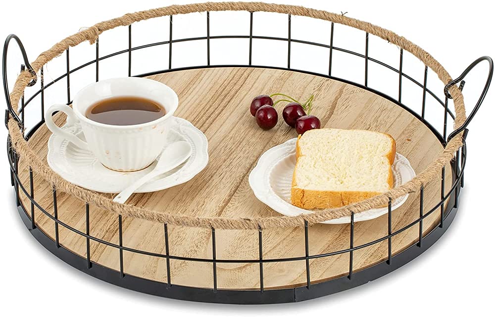 2Pcs Rustic Wood Round Serving Tray with Wrought Iron Base & Hemp Rope Handles - Vintage Decorative Dining Tray Set (2 Sizes) - Perfect for Farmhouse Kitchen, Coffee Table Display & Party Serving