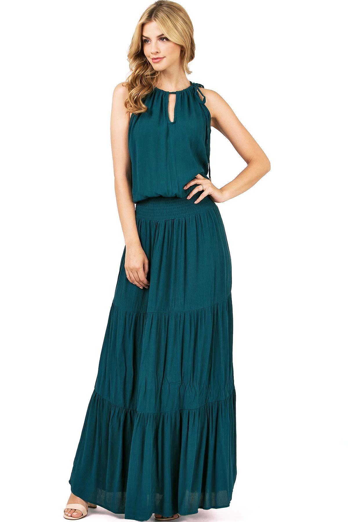 LoveStitch Women's High Neck Halter Smocked Waist Maxi Dress - Elegant Summer Beach Wedding Party Wear for Women