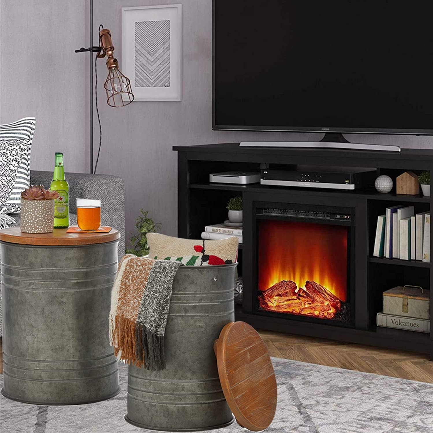 Glitzhome 2-Piece Farmhouse Nesting Tables with Storage Lids - Rustic Metal Barrel Side Tables for Living Room, Bedroom, Office - Grey | Space-Saving End Tables for Small Spaces & Home Decor