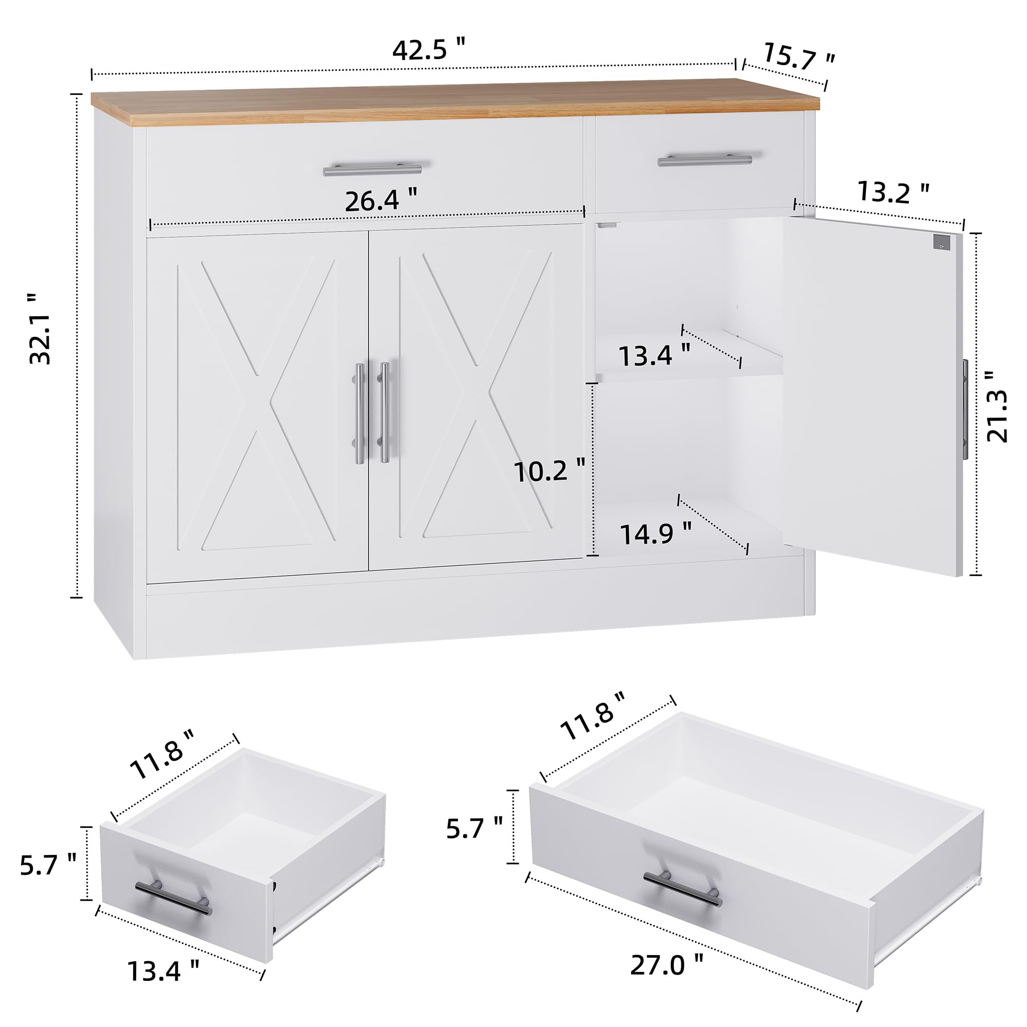 Modern Farmhouse Sideboard Buffet Cabinet with 3 Barn Doors & Adjustable Shelves - 42