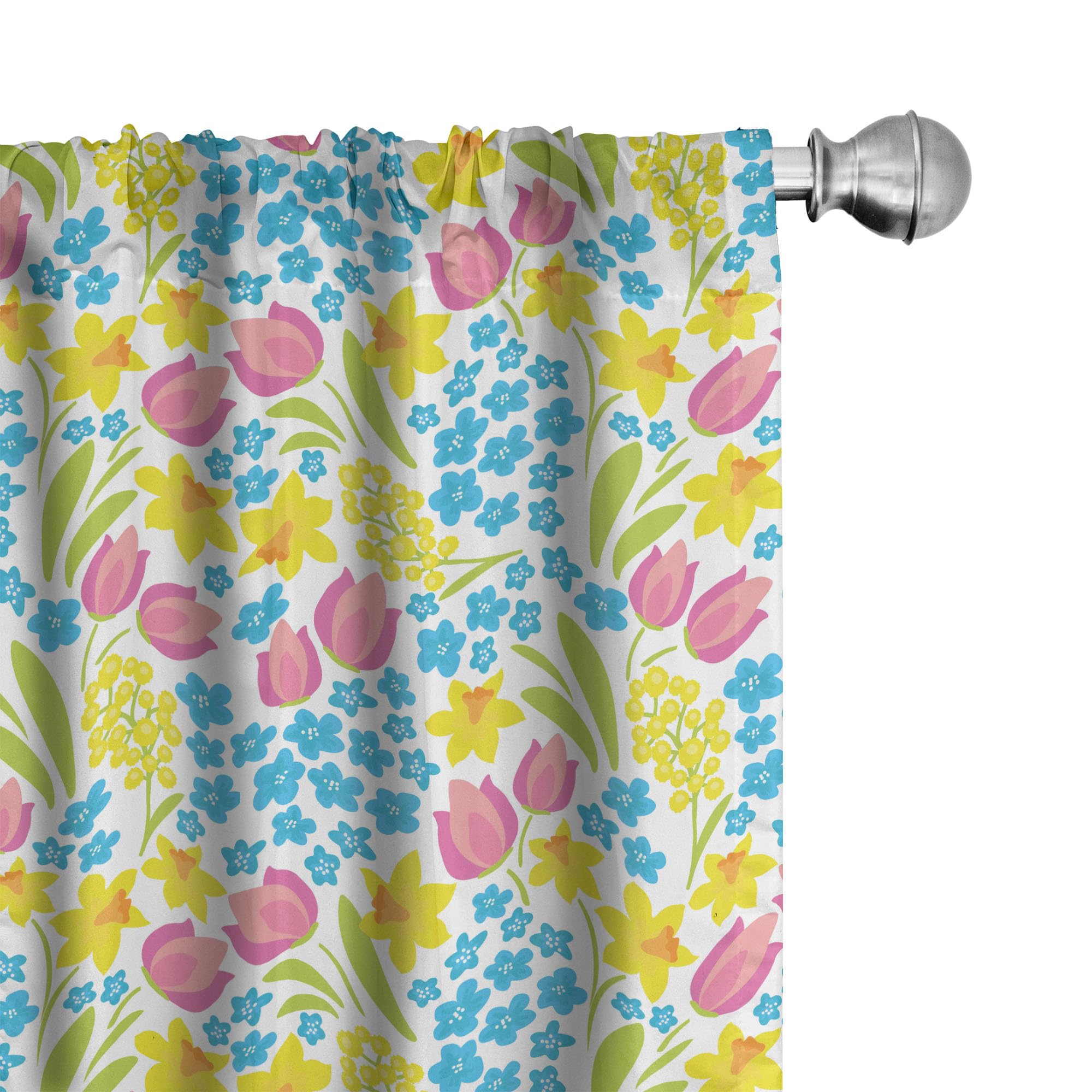 Ambesonne Floral Window Curtains - Spring Meadow Print with Daffodils Tulips & Mimosas, Lightweight 2-Panel Rod Pocket Curtain Set (28x84 inches) in Blue & Pink - Perfect for Living Room, Bedroom & Nursery Decor