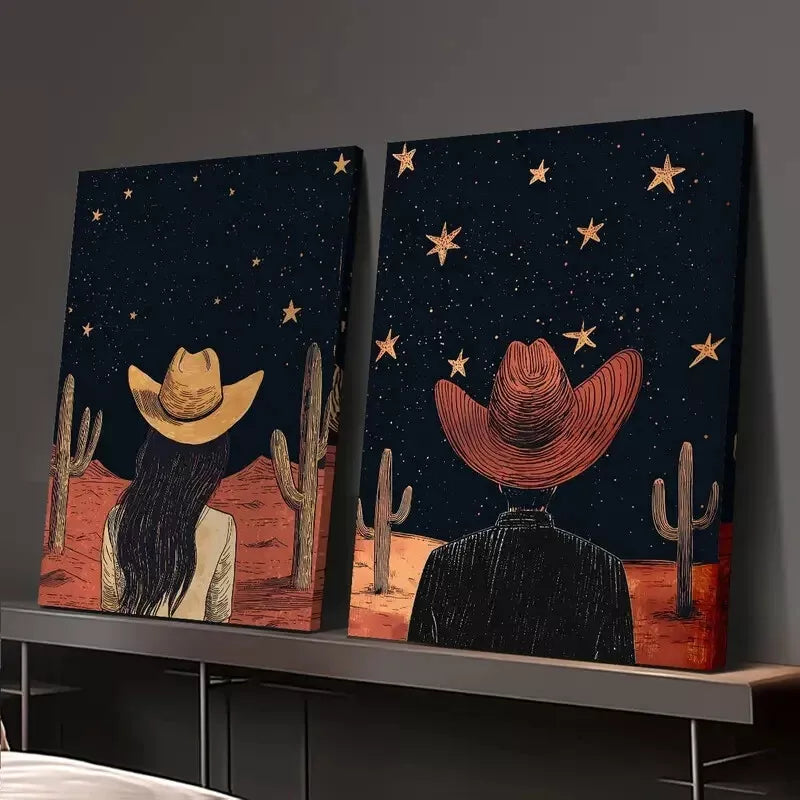 2-Piece Western Cowboy & Starry Sky Canvas Wall Art Set - 50x75cm Framed Prints, High-Quality Australian Made Ready-to-Hang Home Decor for Living Room, Bedroom, or Western-Themed Spaces