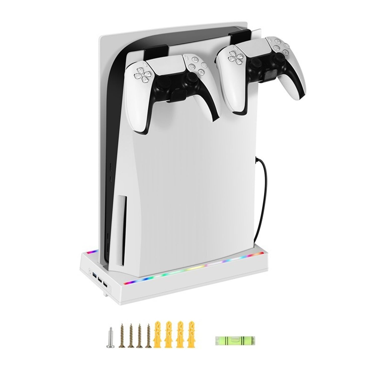 Scosao PS5 Wall Mount Bracket for PS5 Disc & Digital Edition - Steel Stand with RGB LED Lights & 2 Removable Controller Holders - Perfect for Gaming Room & Living Room Setup
