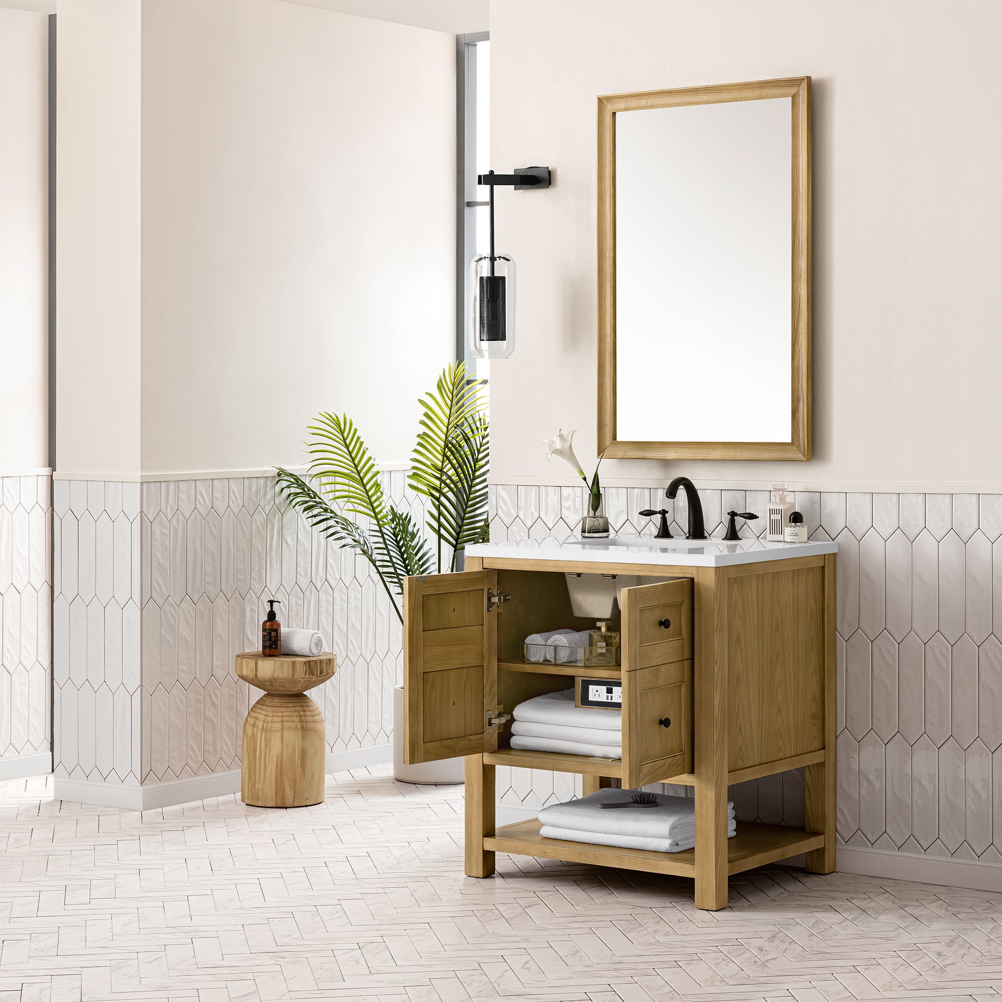 Breckenridge 30-Inch Single Bathroom Vanity in Light Natural Oak with 3CM White Zeus Quartz Top - Perfect for Modern Home Bathroom Remodeling