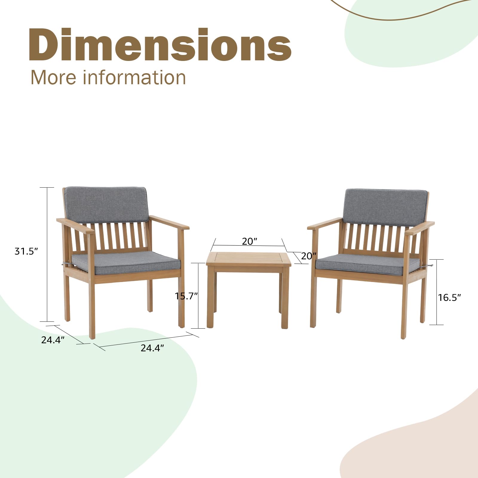 Premium 3-Piece Acacia Wood Outdoor Patio Furniture Set - FSC Certified Bistro Table & Chairs with Gray Cushions for Balcony, Porch, Backyard | Perfect for Garden Dining, Outdoor Entertaining & Relaxation