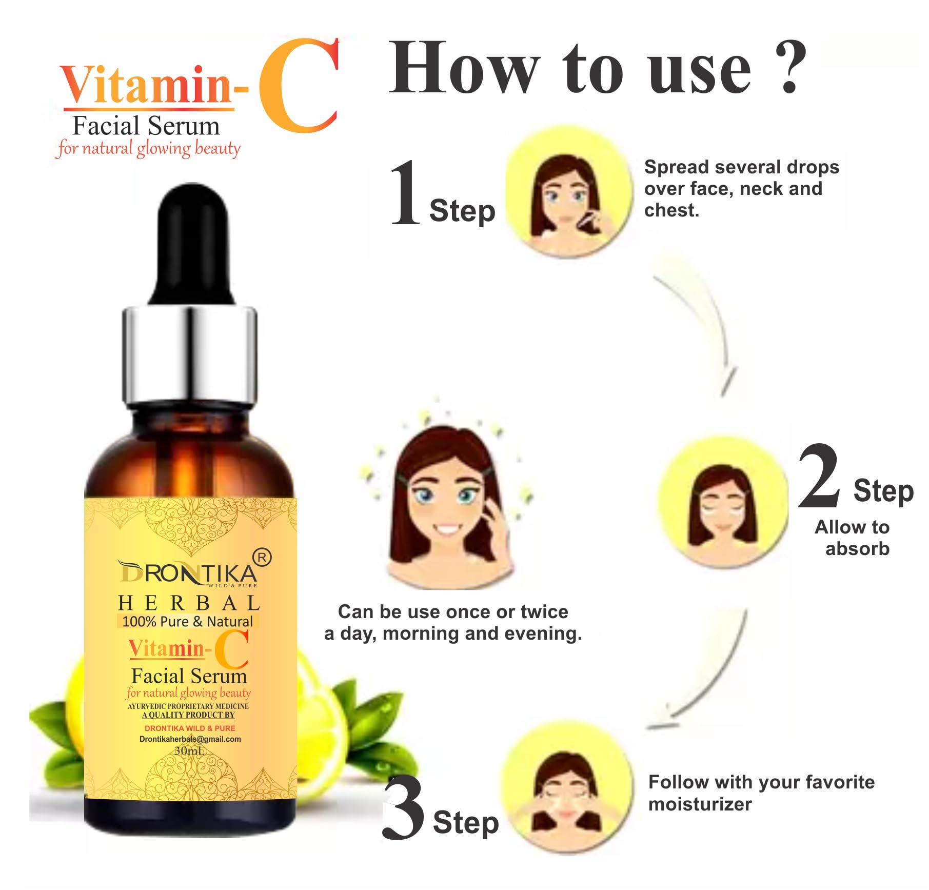 Drontika 100% Pure & Natural Vitamin C Face Serum for Brightening Skin - 30ml | Anti-Aging, Dark Spot Treatment & Glow Booster | Day & Night Skincare Routine