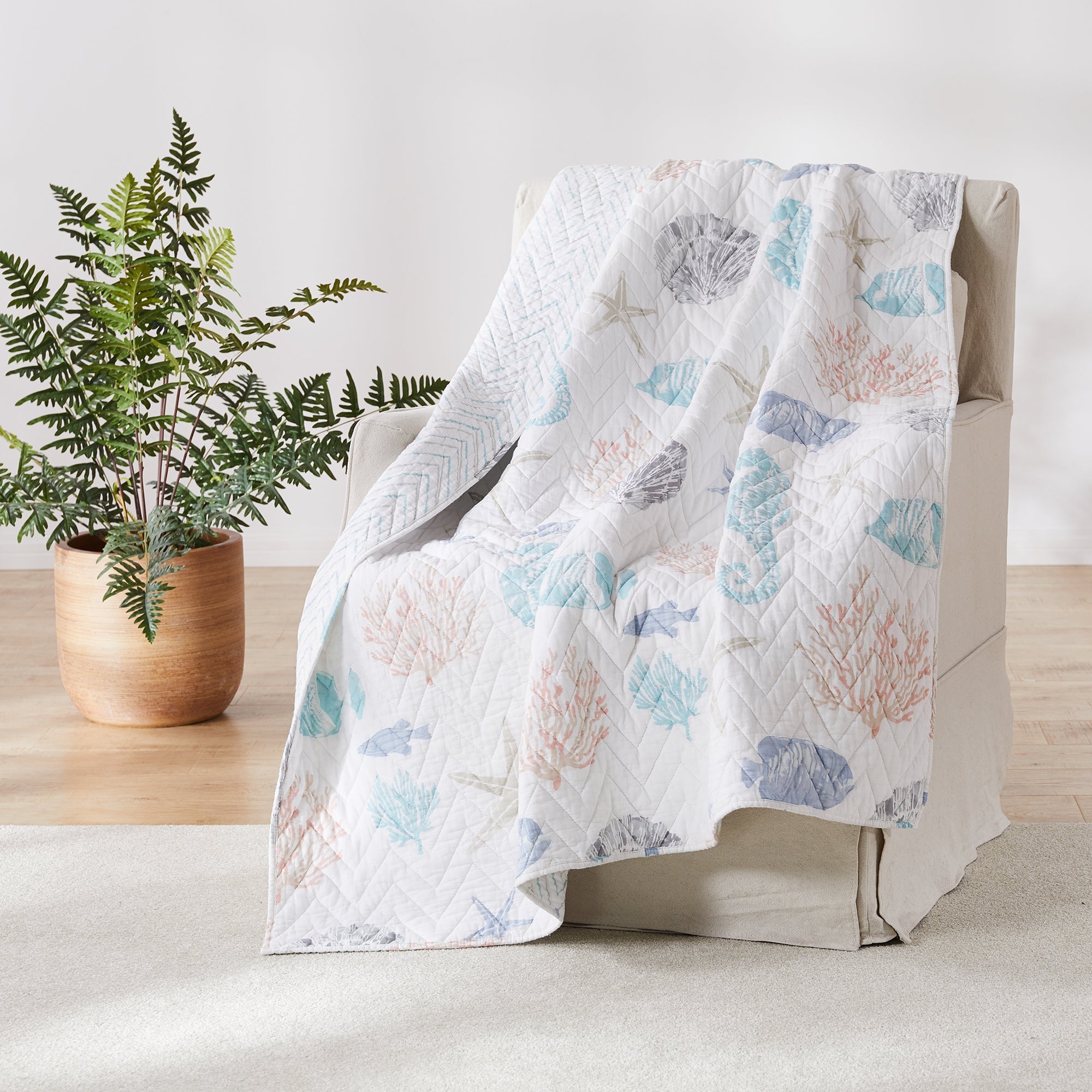 Blue Sea Quilted Throw Blanket - Soft & Cozy Lightweight Bedspread for Couch, Sofa, Bed - Perfect for Living Room Decor, Nap Time & Winter Warmth