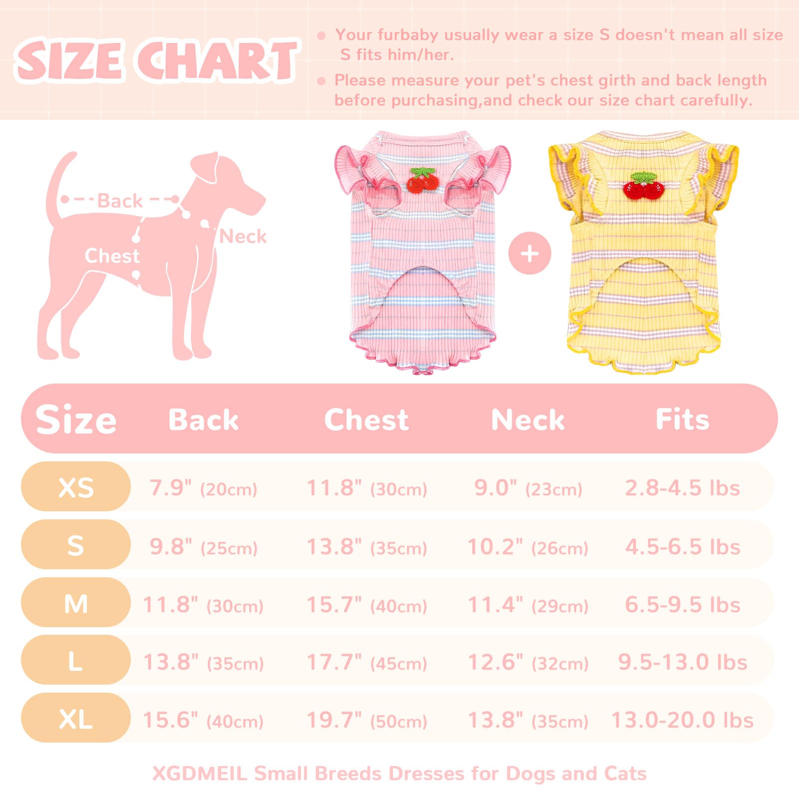 2 Pack Striped Small Dog T-Shirts - Cute Cherry Girl Pet Clothes for Small Dogs & Cats, Breathable Soft Cotton Sleeveless Vest, Spring Summer Puppy Outfits (Pink + Yellow, Medium) - Perfect for Daily Walks, Pet Parties & Photo Shoots
