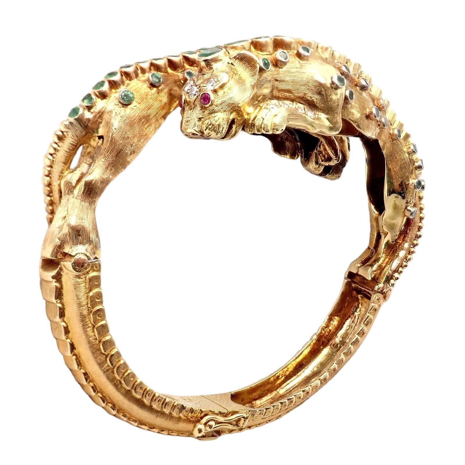 Vintage Ilias Lalaounis 18K Yellow Gold Emerald Diamond Lioness Bangle Bracelet - Luxury Jewelry for Women, Perfect for Special Occasions & Gifts