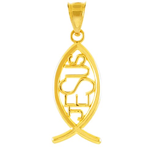 14K Yellow Gold Vertical Jesus Ichthus Charm Christian Fish Pendant Necklace - Religious Jewelry Gift for Baptism, Confirmation & Faith-Based Occasions