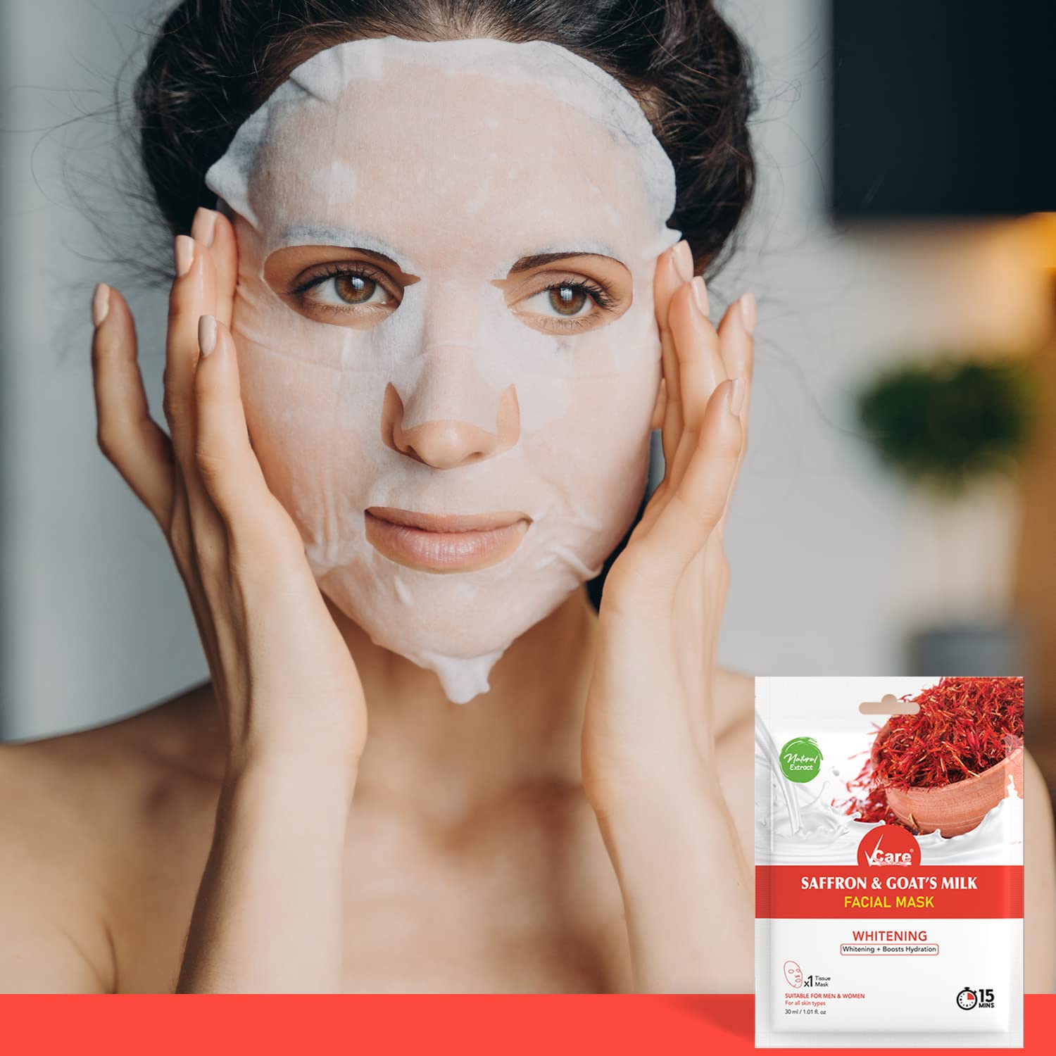 VCare Brightening Facial Mask with Saffron & Goat Milk - Skin Care Mask for Glowing Skin, Tan Removal & Dry Skin Relief | Pack of 3 | Perfect for Daily Skincare Routine & Spa Treatments