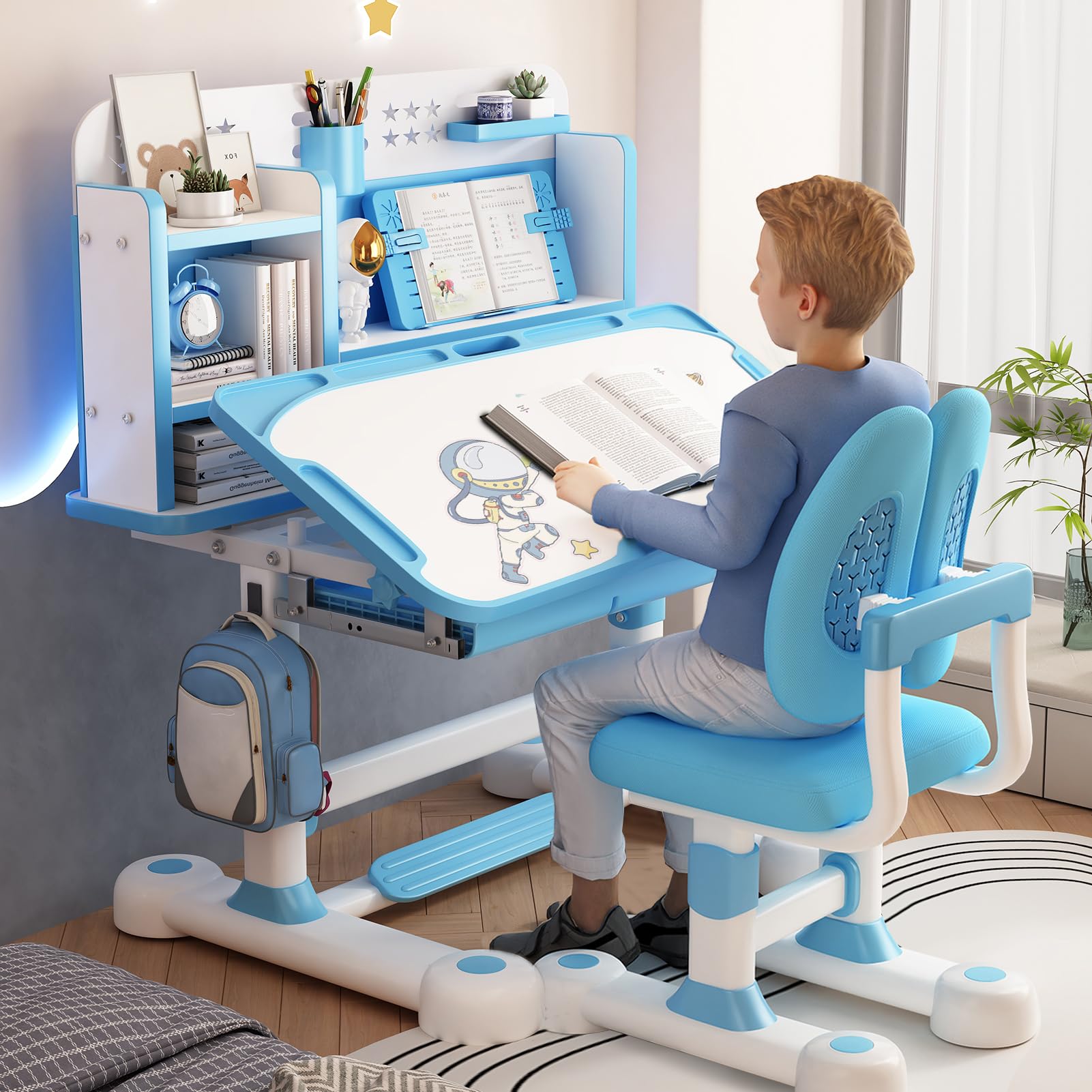 2024 Upgraded Kids Desk and Chair Set - Adjustable Children's Study Table with Flip Drawer, Tiltable Desktop, Schoolbag Hooks & Book Stand - Perfect for Homework, Drawing & Learning (Blue)