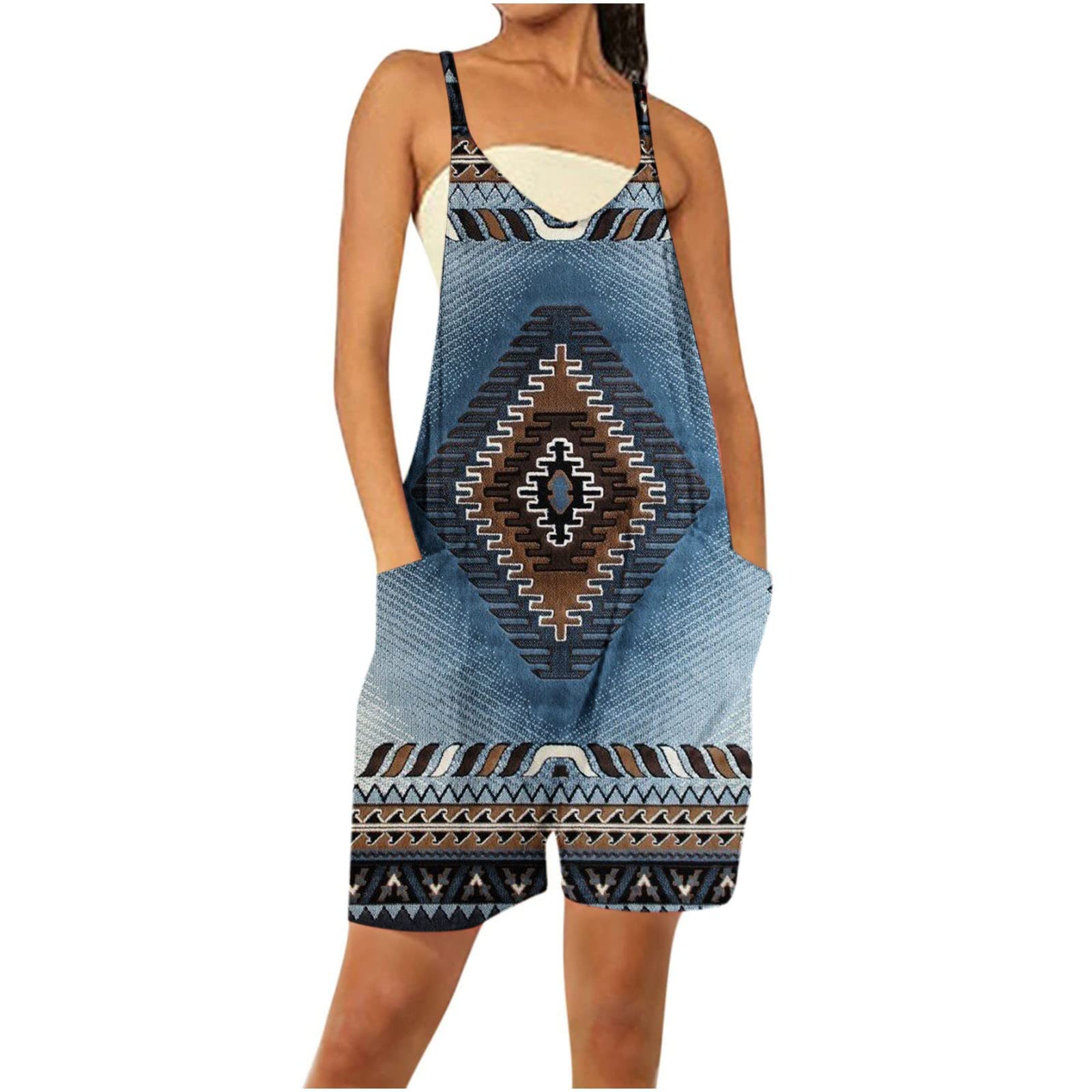 Trendy Vintage Graphic Short Overalls Jumpsuit for Women - Casual Spaghetti Strap Romper with Dressy Design | Perfect for Summer Outings, Music Festivals & Beach Vacations