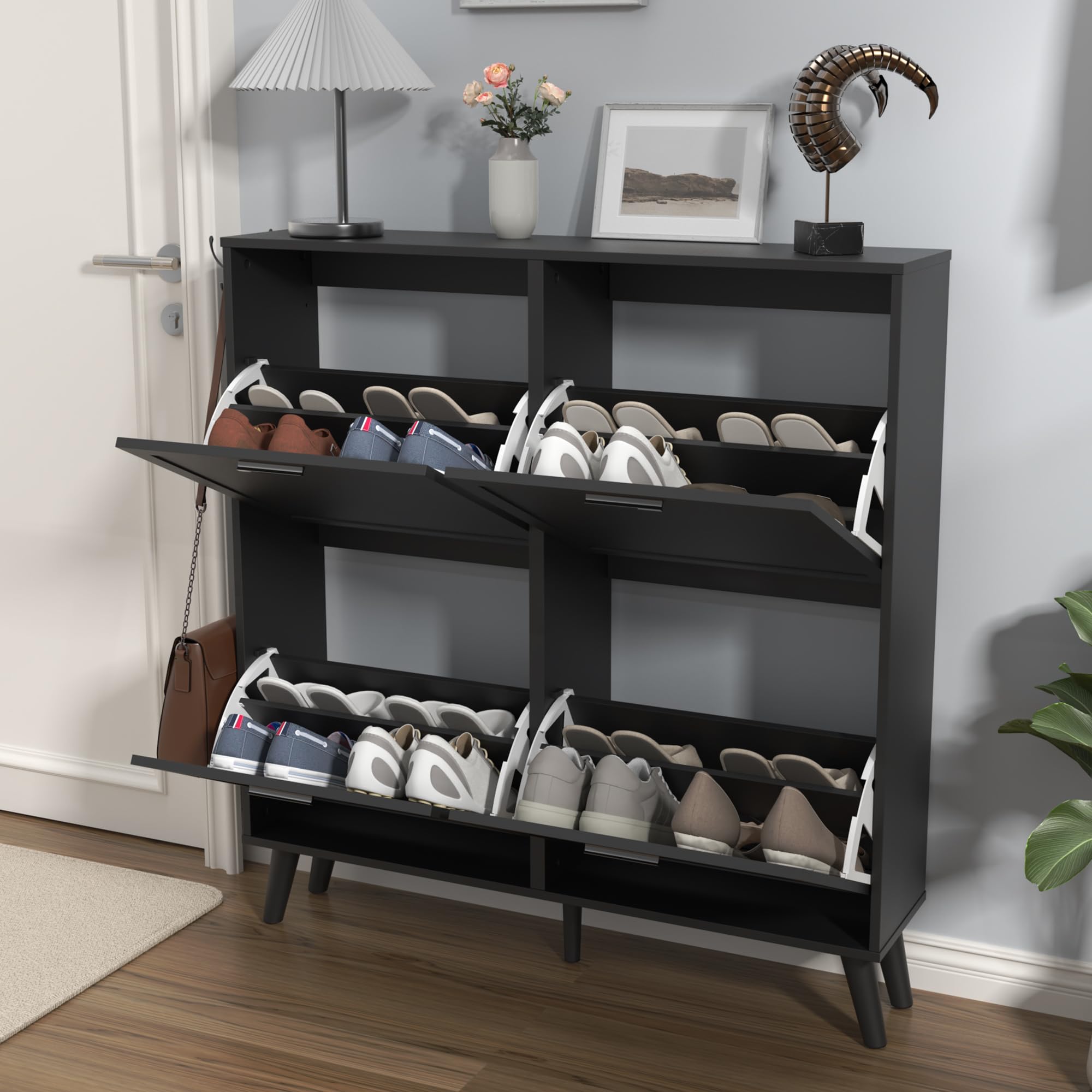 Large Black Shoe Cabinet for Size 16 Shoes - Freestanding 4-Drawer Shoe Organizer with Flip Doors - Narrow Wooden Shoe Rack for Entryway, Closet & Living Room - Perfect for Small Spaces and Shoe Storage Solutions