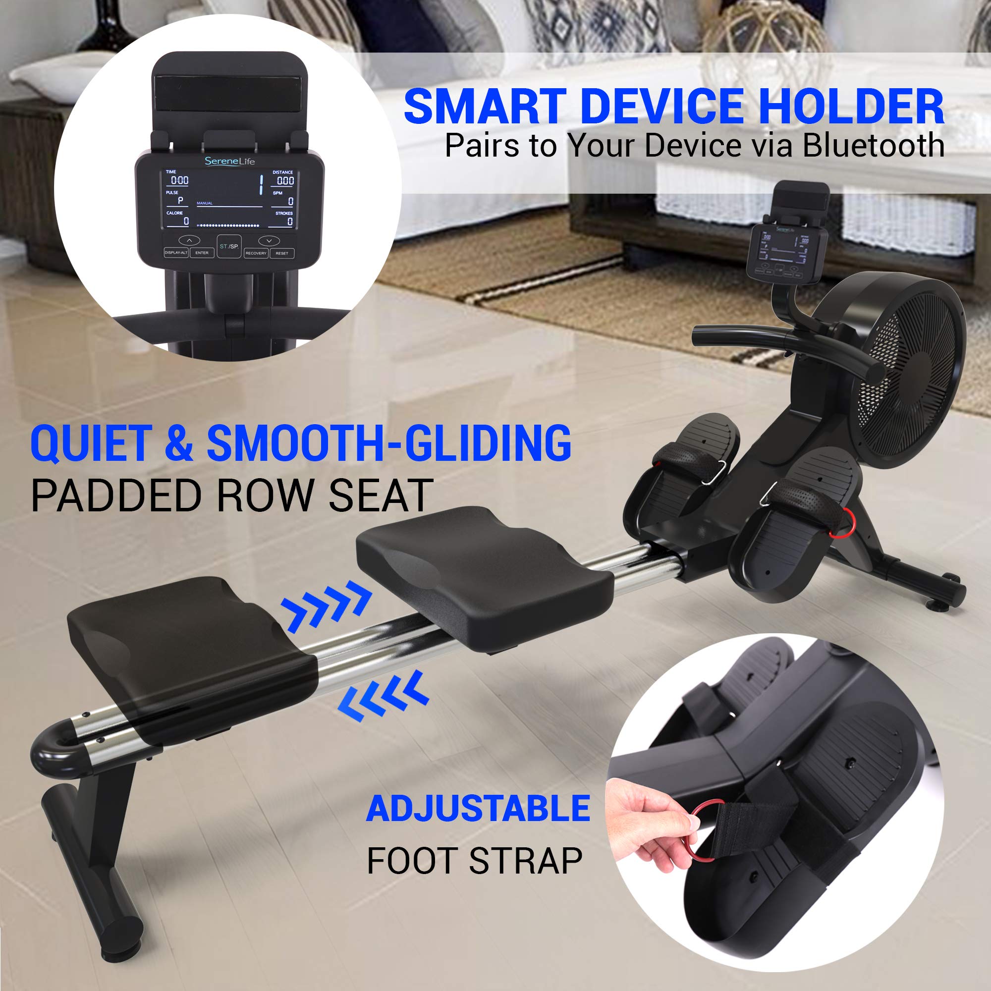 SereneLife Smart Rowing Machine with Magnetic Resistance - 16 Adjustable Levels, Bluetooth Fitness App for Home Workouts | Compact Home Gym Equipment for Cardio & Strength Training (Perfect for Small Spaces & Apartment Fitness)