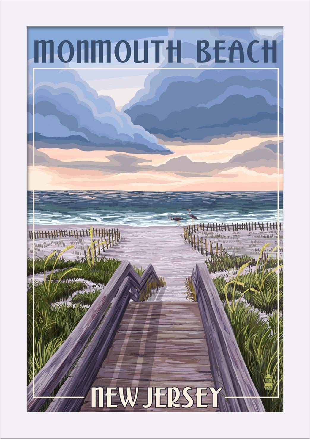 12x18 Giclee Fine Art Print - Monmouth Beach New Jersey Boardwalk Scene in Recycled Wood Frame (White) - Perfect for Coastal Home Decor, Office Wall Art & Beach House Gift