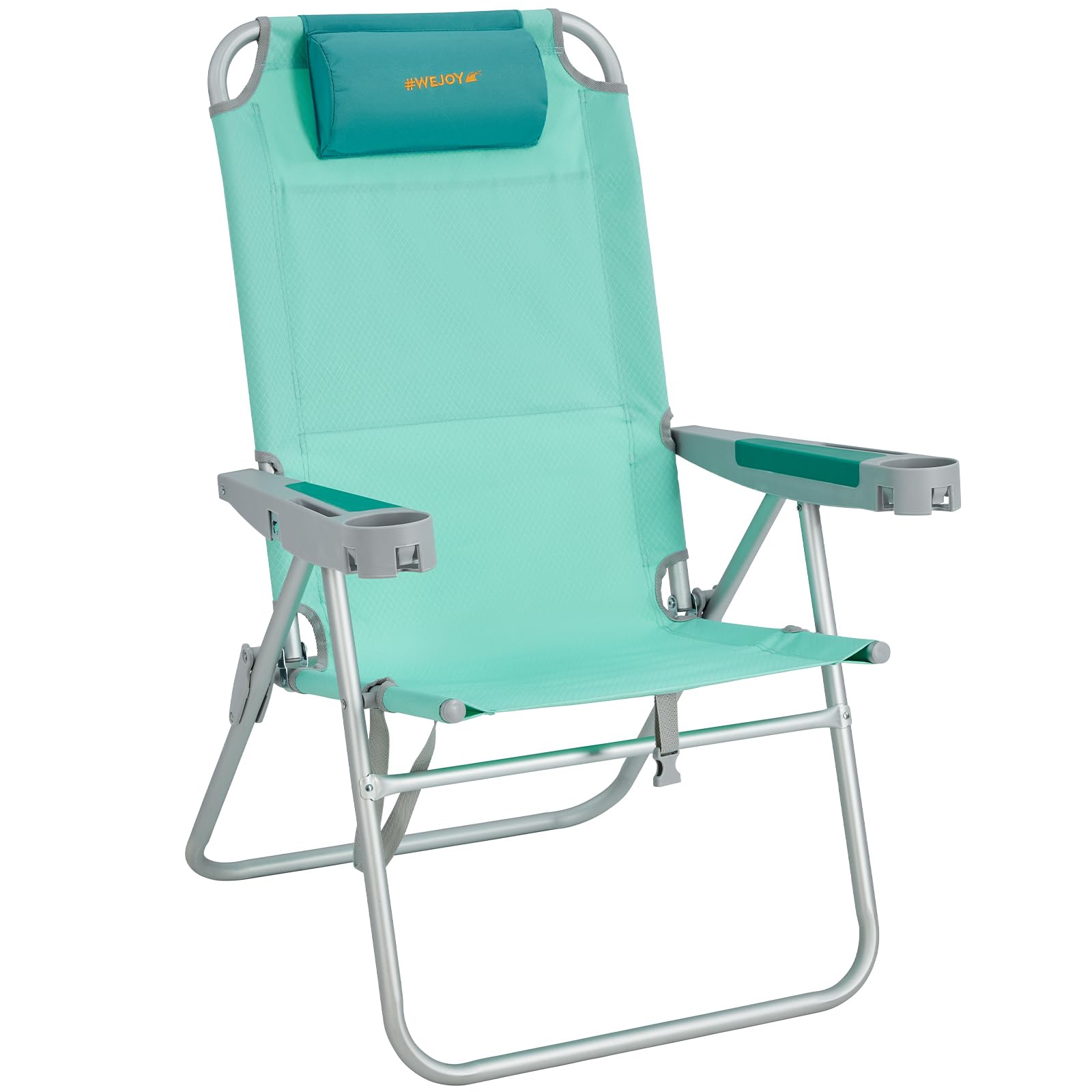 WEJOY 17 Inch Oversized Beach Chair - 5 Position Adjustable Reclining Folding Backpack Chair for Adults - Heavy Duty 300 lbs Capacity with High Back Support, Bottle Opener, Handle Strap & Phone/Cup Holder - Perfect for Beach, Camping, Backyard, Poolside & Outdoor Relaxation