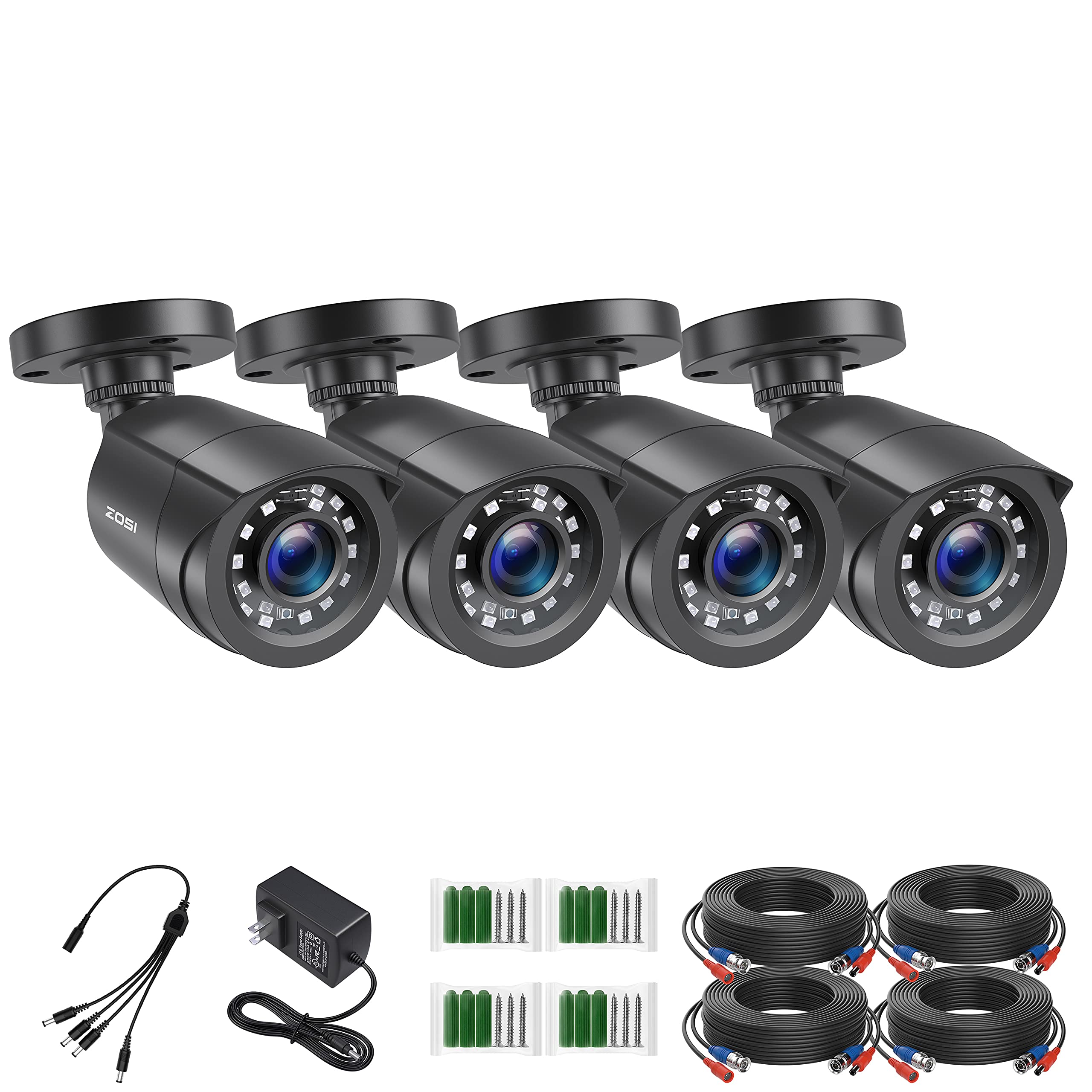 ZOSI 4 Pack 2MP 1080p HD-TVI Security Cameras for Home - Outdoor/Indoor Surveillance with 24 IR LEDs, 80ft Night Vision, 90°View Angle, Weatherproof CCTV Bullet Cameras (Black) - Ideal for Home Security, Business Monitoring, and Property Protection