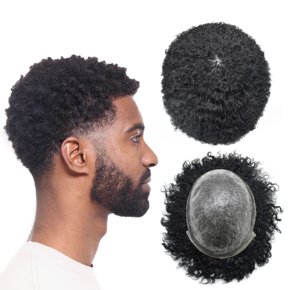 **Men's Curly Afro Brazilian Hair Replacement System Wig - 1B Off Black, 8MM Afro Wave - Full Poly Skin PU Injected Hairpiece for Black & African American Men - Perfect for Daily Wear, Cosplay & Special Events**