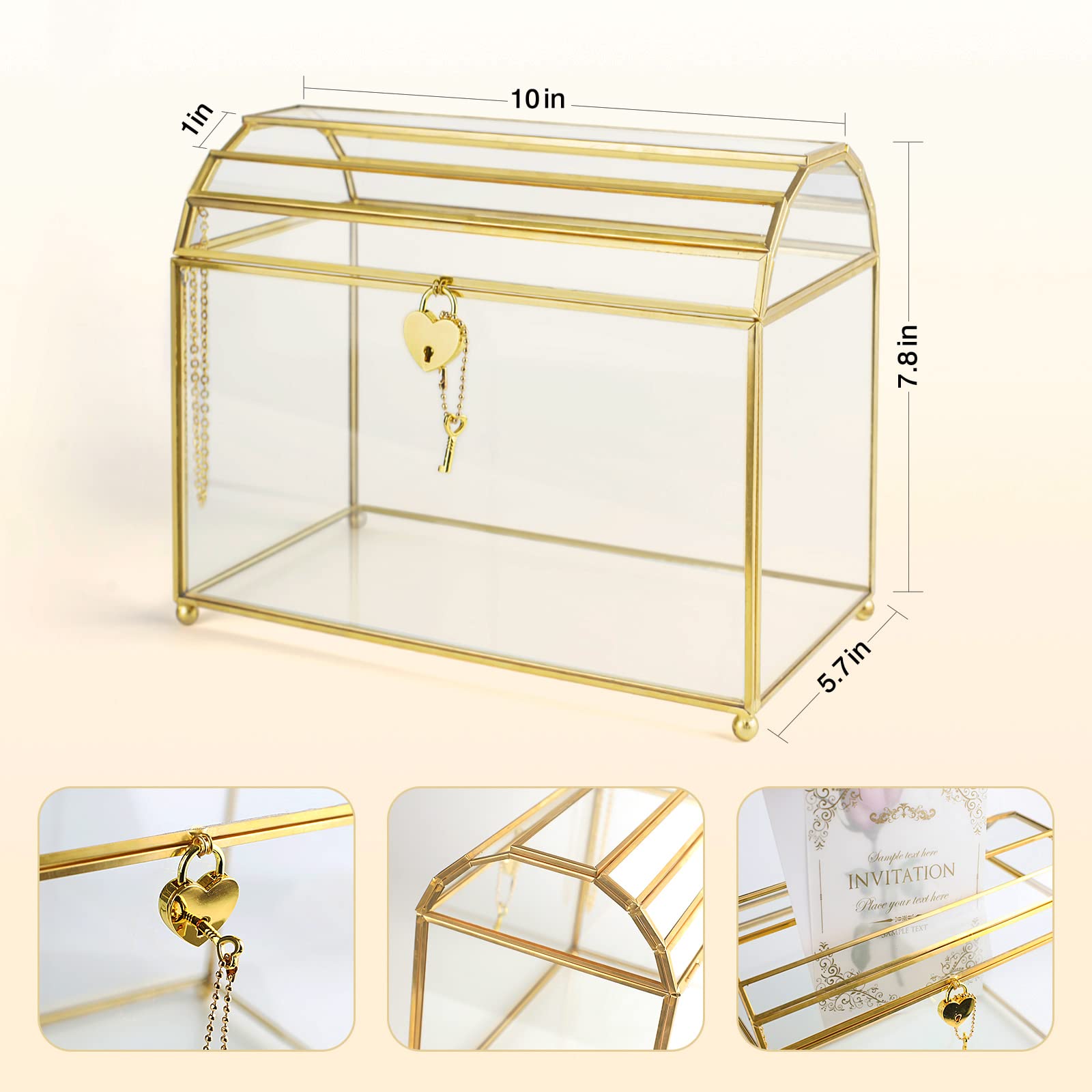 Elegant Gold Wedding Glass Card Box with Secure Heart Lock - Large Clear Card Holder for Wedding Reception, Bridal Shower, Anniversary - Handmade Brass & Glass Display Box Perfect for Wedding Centerpiece & Gift Collection - Ideal for Wedding Decor, Bridal Party, and Special Events