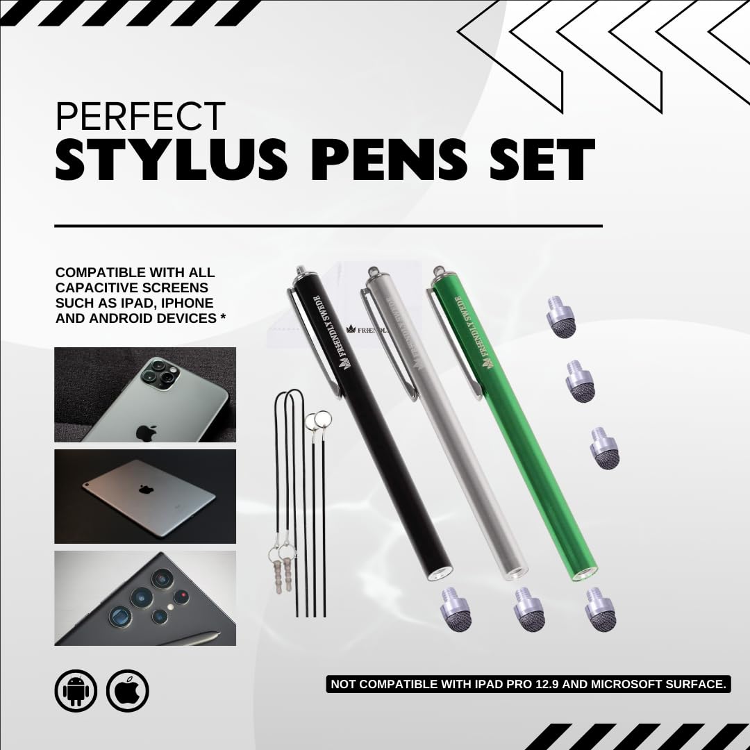 Friendly Swede Stylus Pen 3-Pack for iPad & iPhone - Touchscreen Stylus with Replaceable Tips & Cleaning Cloth for Artists & Students