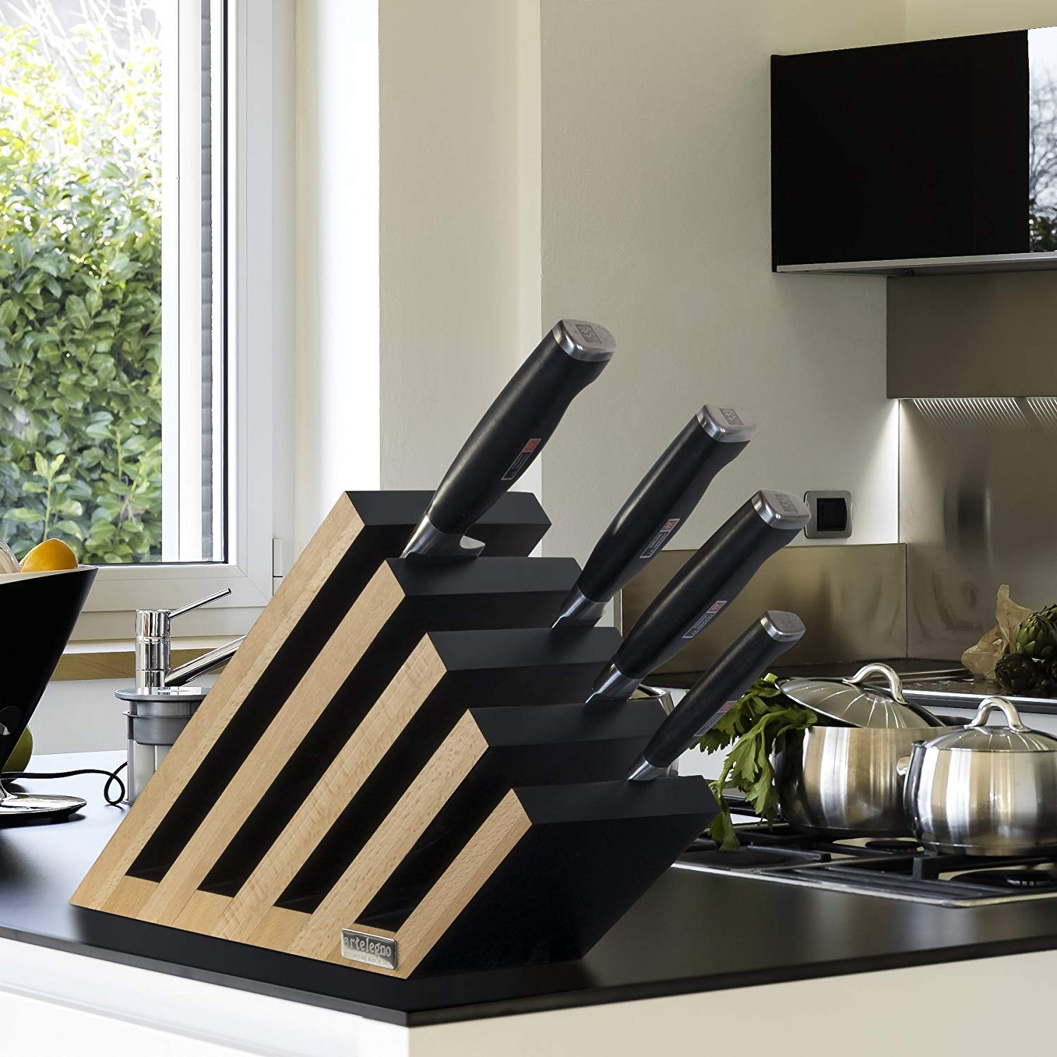Arte Legno Walnut Wood Knife Block Set with 6 Stainless Steel Knives - Perfect for Kitchen Countertop Storage & Organization