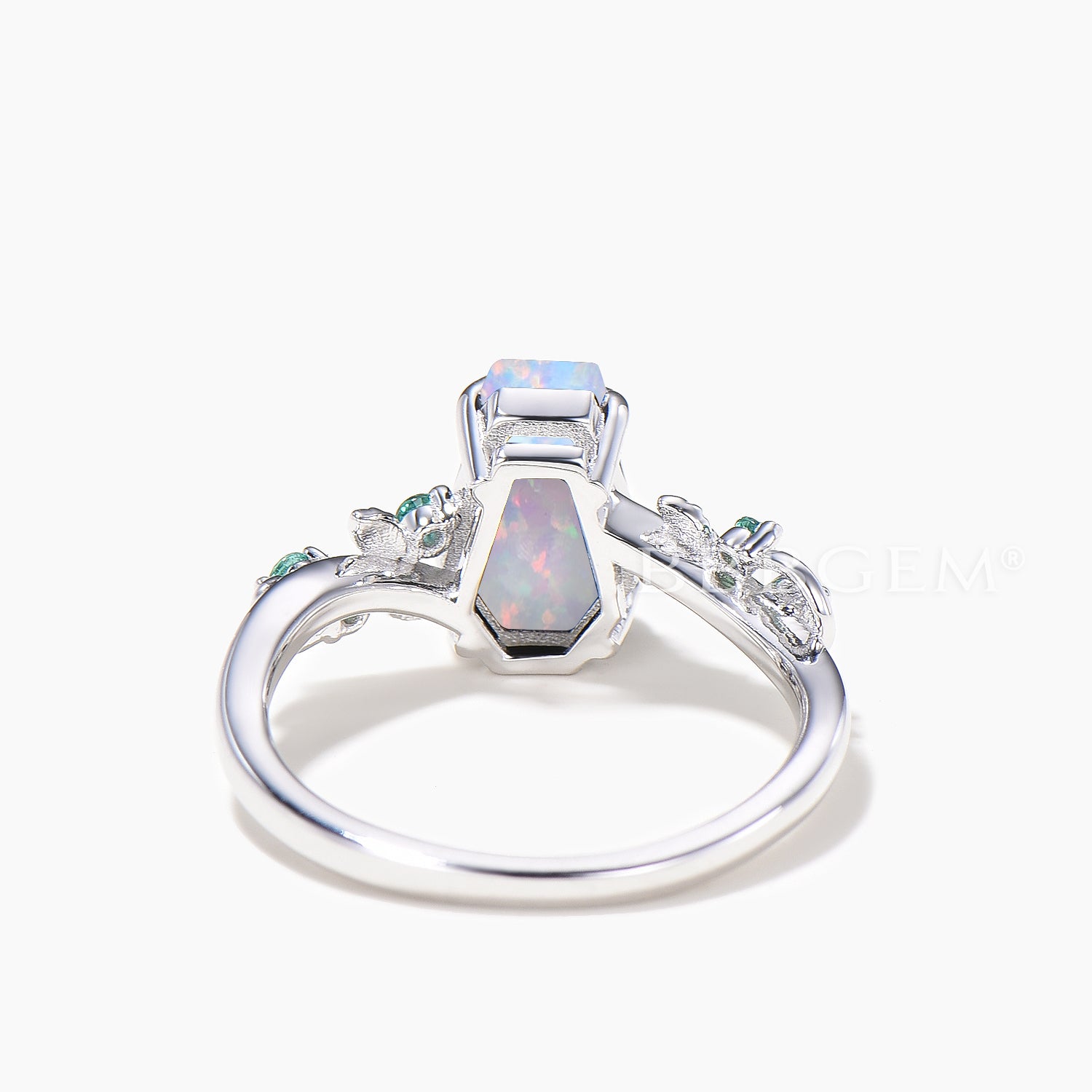Nature Inspired Coffin Cut White Opal & Emerald Leaf Engagement Ring - Elegant Botanical Wedding Jewelry for Brides, Nature Lovers & Outdoor Ceremonies