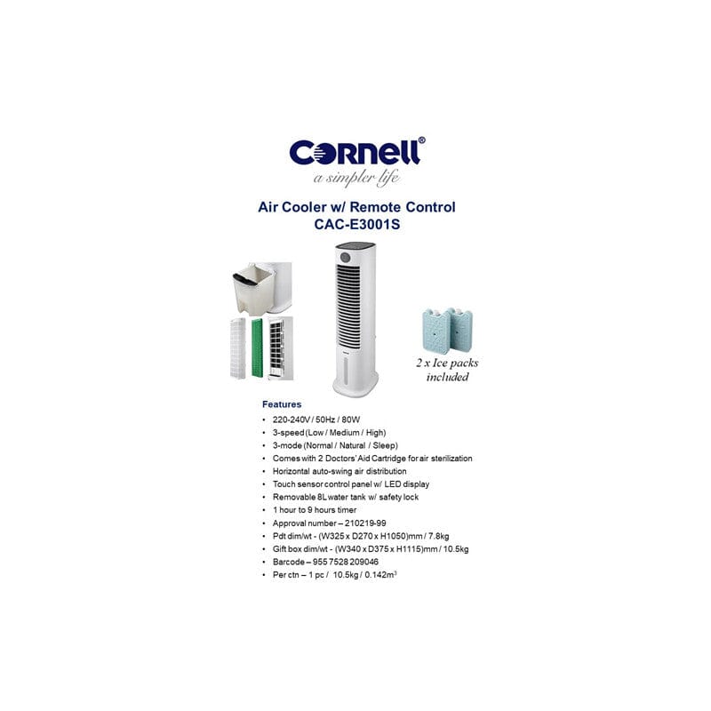 Cornell CACE3001S Portable Air Cooler with Air Sterilization, Ice Packs & 3 Fan Speeds - Perfect for Bedroom, Office, and Outdoor Use