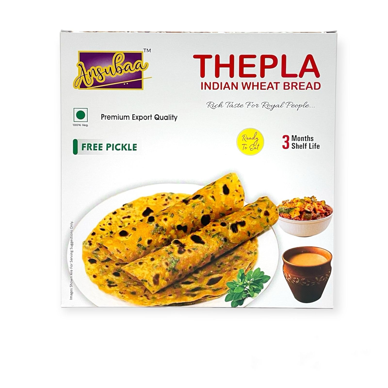 Ansubaa Methi Masala Thepla - Authentic Gujarati Snack | 10 Vacuum-Packed Ready-to-Eat Wheat Bread Pieces | 3-Month Shelf Life | Includes Free Pickle | Pure Vegetarian Indian Food | Perfect for Breakfast, Lunch Box & Travel Snacks