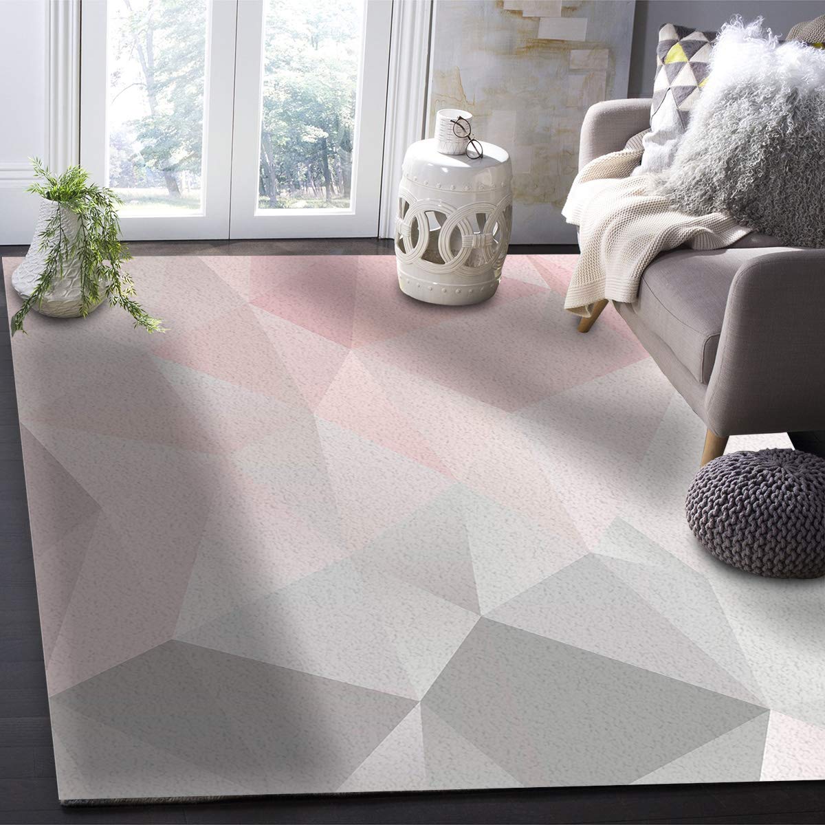 3' x 5' Geometric Pink and Grey Ombre Triangle Area Rug - Modern Nursery Carpet for Kids, Soft Throw Rug for Bedroom, Living Room & Kitchen - Non-Slip Floor Mat for Home Decor, Playroom & Dorm Room