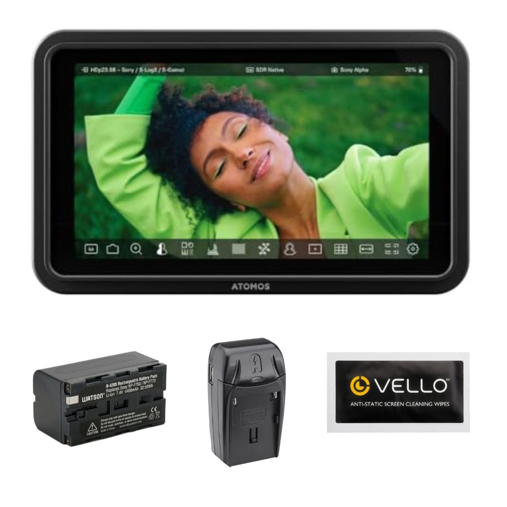 Atomos Shinobi II Monitor Bundle with Watson NP-F770 Lithium-Ion Battery (7.4V 4400mAh), Compact AC/DC Charger for L/M Series Batteries & 5-Pack Anti-Static Screen Wipes - Perfect for Filmmaking, Vlogging & Professional Video Production