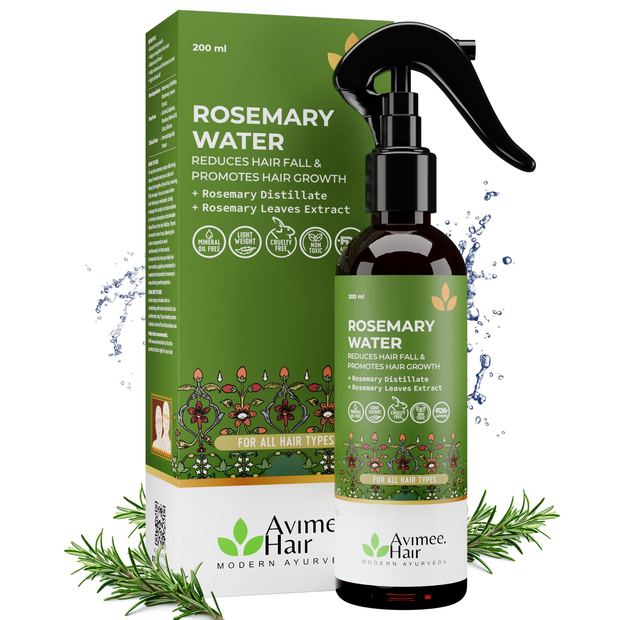 Avimee Herbal Rosemary Water for Hair Growth (200ml) - Natural Hair Mist Spray to Reduce Hair Fall, Strengthen Hair & Add Shine | Suitable for All Hair Types - Men & Women | Perfect for Daily Hair Care, Styling & Scalp Refreshment