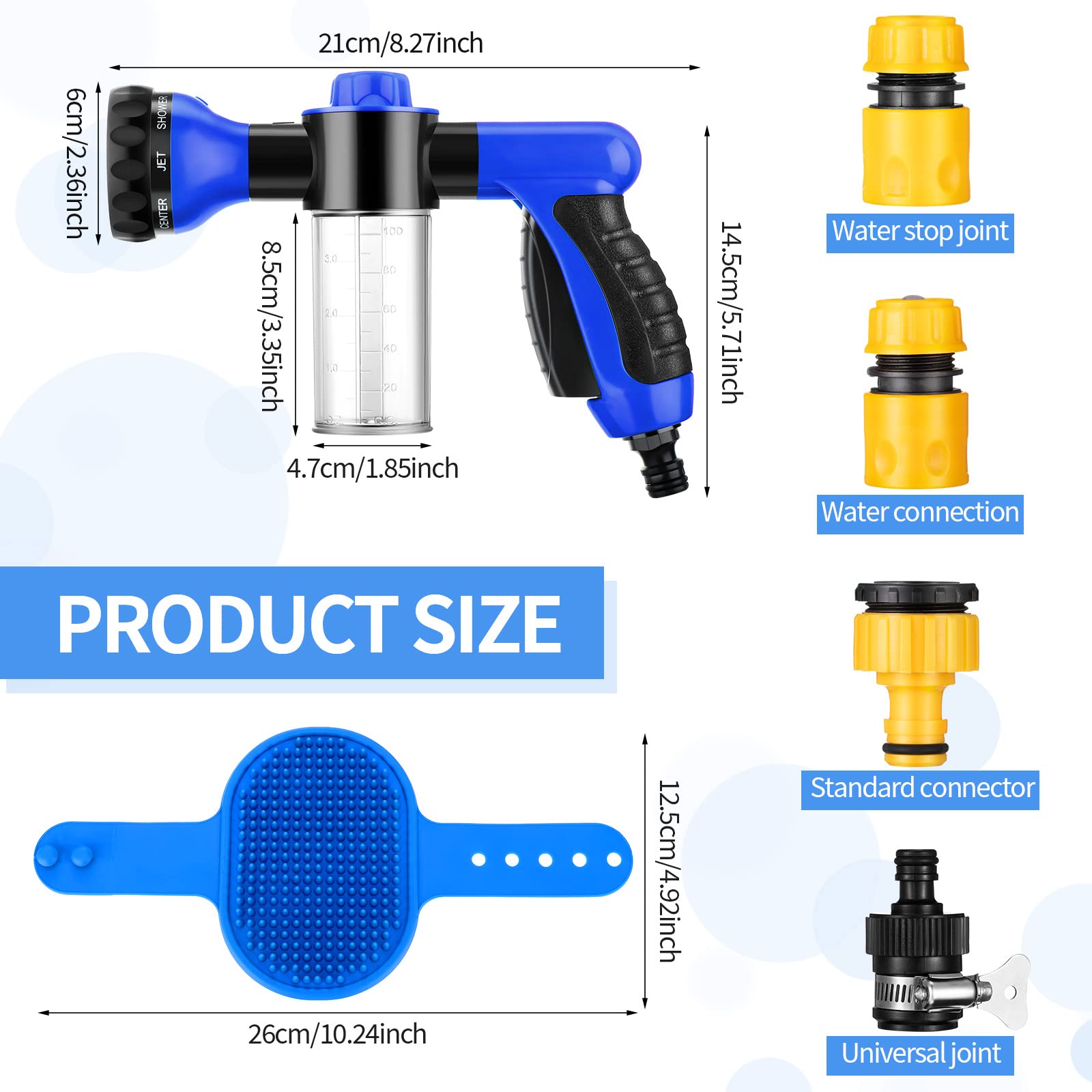 6-Piece Dog Wash Hose Attachment Set with Soap Dispenser, Pet Bathing Tool & Comb Brush - Perfect for Dog Grooming & Bathing at Home (Blue, 9.45 x 6.3 x 2.48 Inches) - Ideal for Outdoor/Indoor Pet Washing, Dog Salon & DIY Grooming