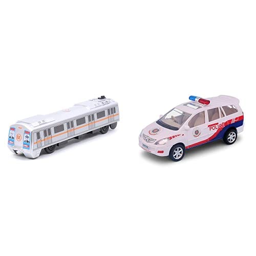 Centy Pull Back Toy Cars Set - Metro Train & Police Car (Silver) - Fun Race Track Playset for Kids Indoor & Outdoor Play