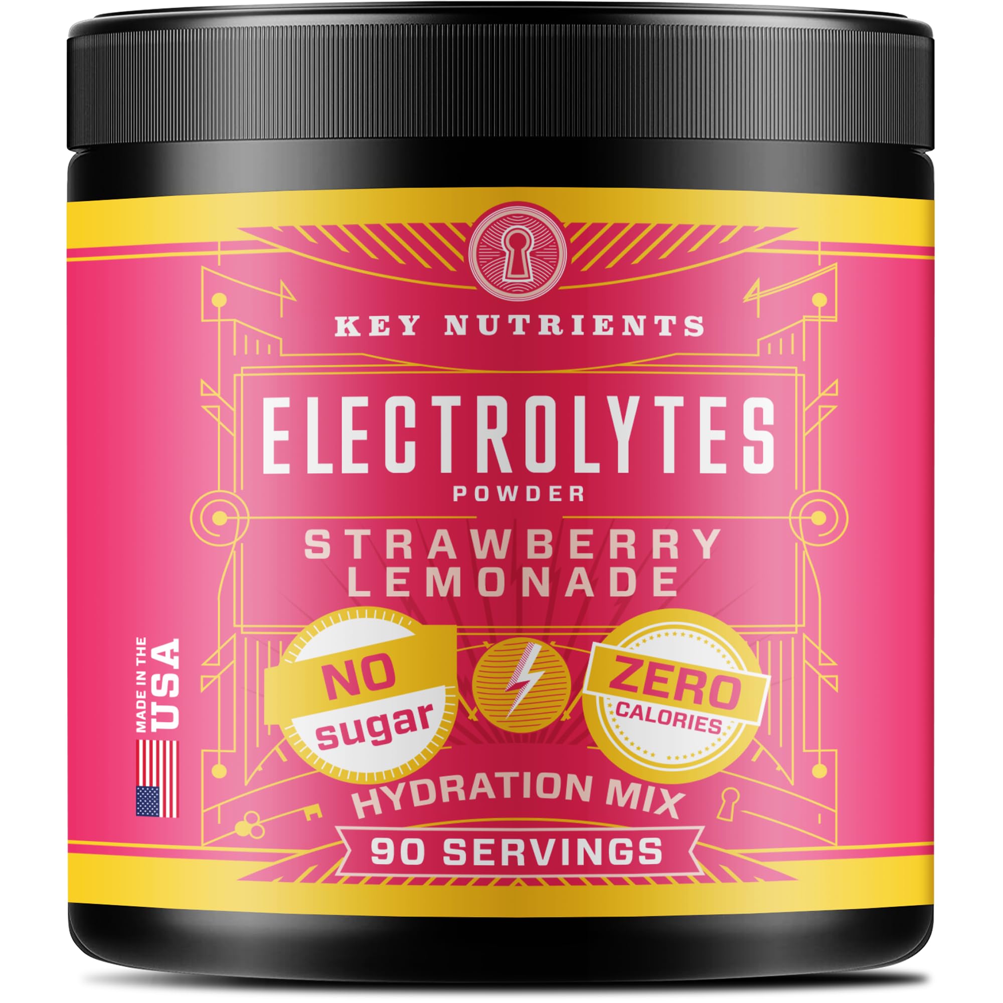 KEY NUTRIENTS Sugar-Free Electrolyte Powder - Juicy Strawberry Lemonade Flavor | Keto, Gluten Free, Zero Calorie Hydration Supplement | 90 Servings | Made in USA | Perfect for Workouts, Travel & Daily Hydration
