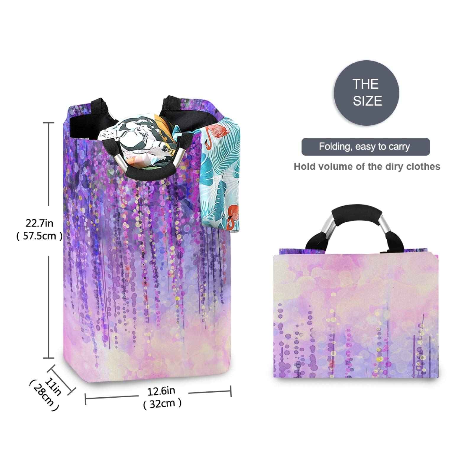 Abstract Violet Wisteria Flowers Laundry Hamper Basket - Foldable Waterproof Clothes Bin with Handles for Bathroom & Bedroom - Multi-Purpose Storage for Dirty Laundry, Toys & Household Items - Perfect for Home Organization & Space Saving