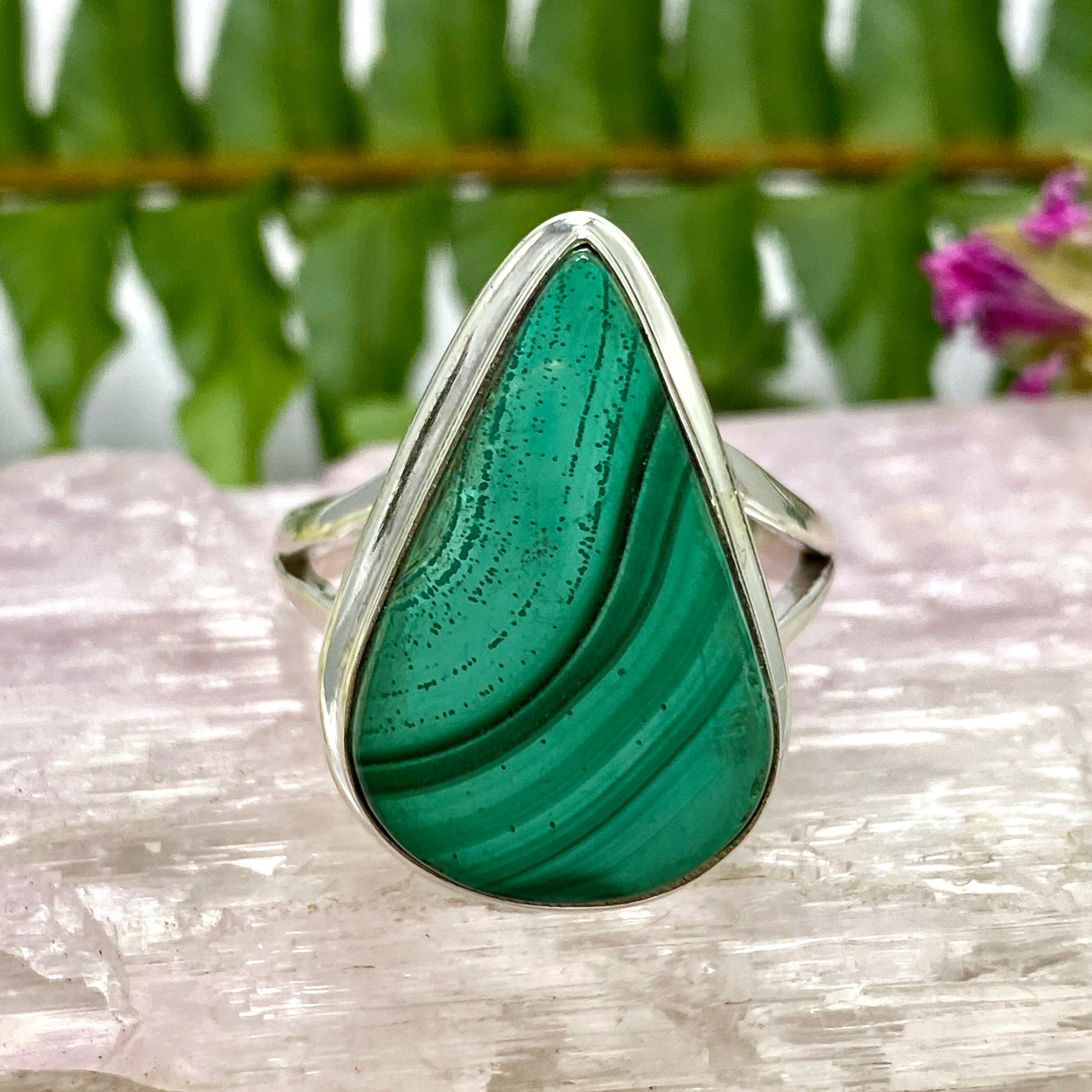Malachite Teardrop Ring - Size 10 - KRGJ2624 - Elegant Green Stone Jewelry for Women, Perfect for Parties, Weddings & Everyday Wear