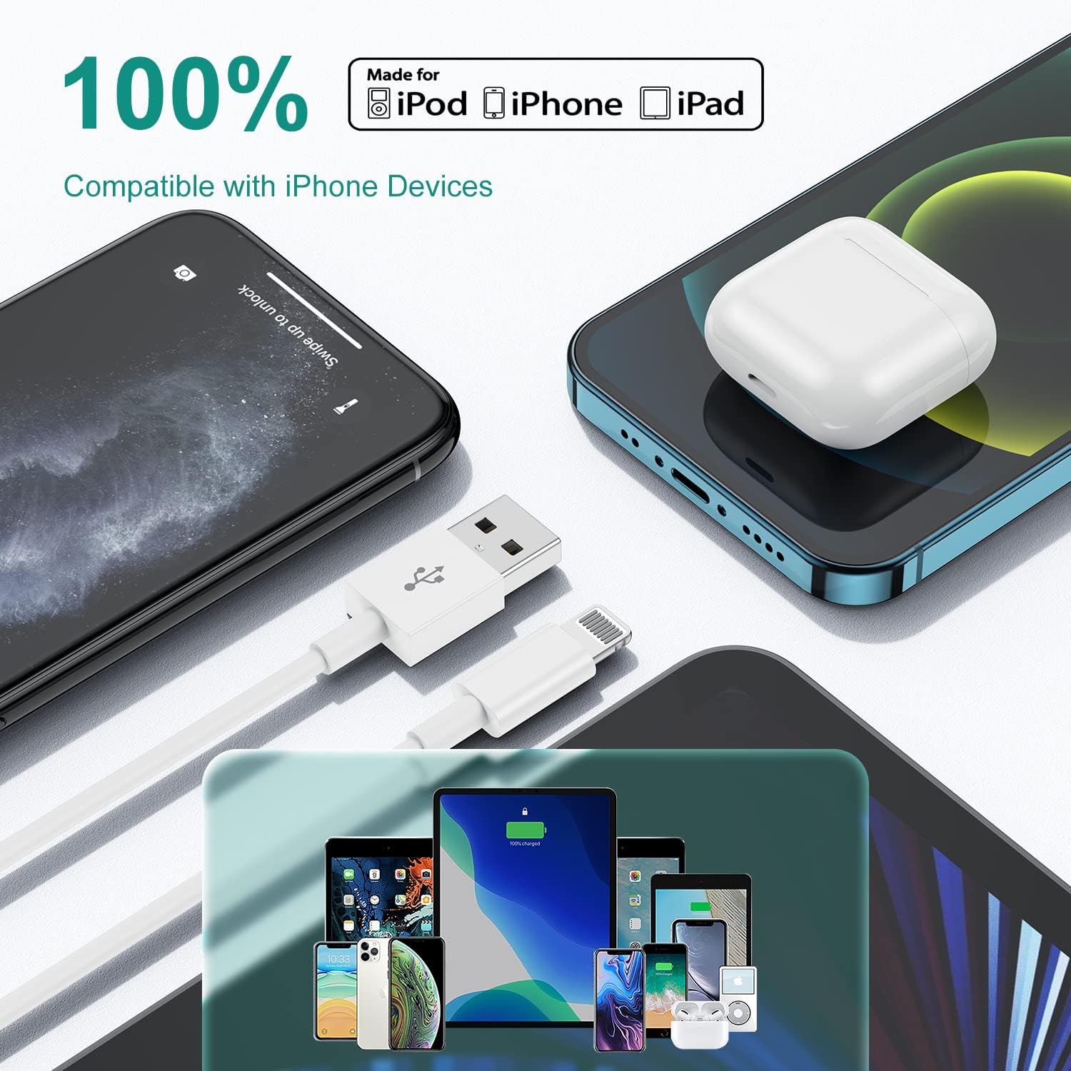 Original Apple 3-Pack 2m Lightning to USB Fast Charging Cable - Compatible with iPhone 14 Pro/13 Pro Max/12 Mini/11 Pro/X/XS/XR/8/7/6/SE & iPad - Perfect for Home, Office & Travel Charging