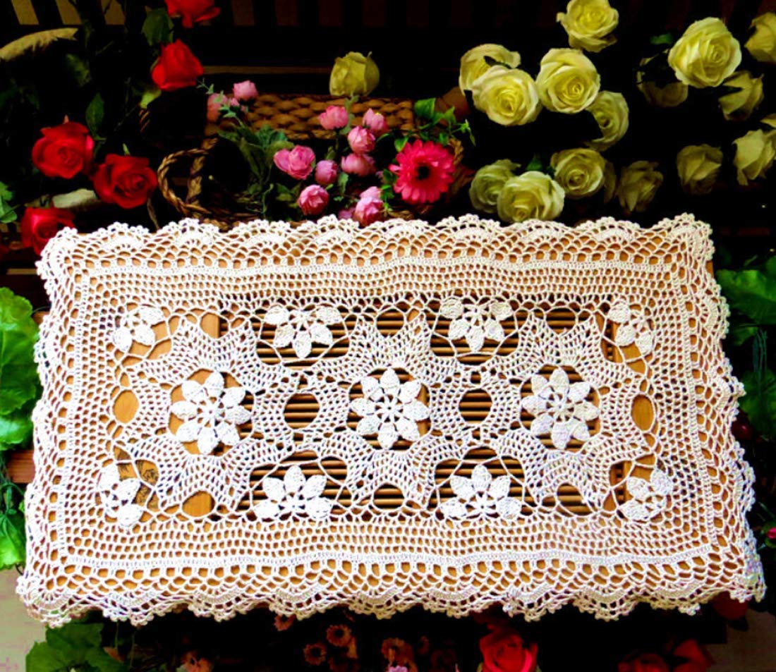 Handmade Crochet Lace Table Runner - 15x27 Inch Rectangular Cotton Doily for Dining Table, Dresser, Buffet - Elegant Beige Home Decor for Weddings & Tea Parties