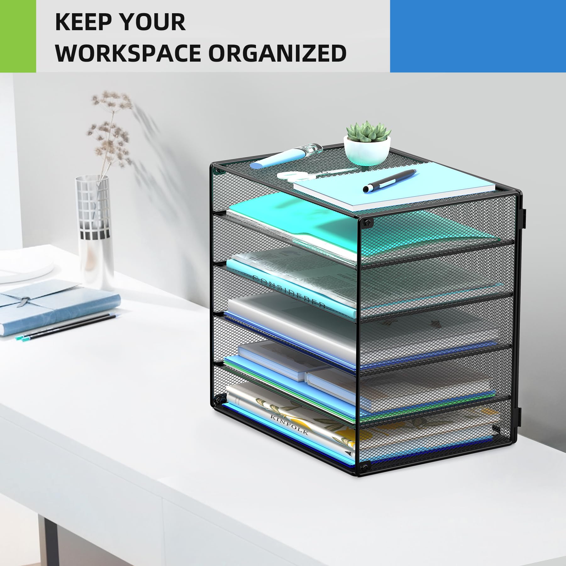 6 Tier Metal Desk Organizer - Black Paper Tray & File Holder for Office, School, Home | Workspace Storage Solution for Documents, Folders, Mail | Perfect for Clutter-Free Desk Organization