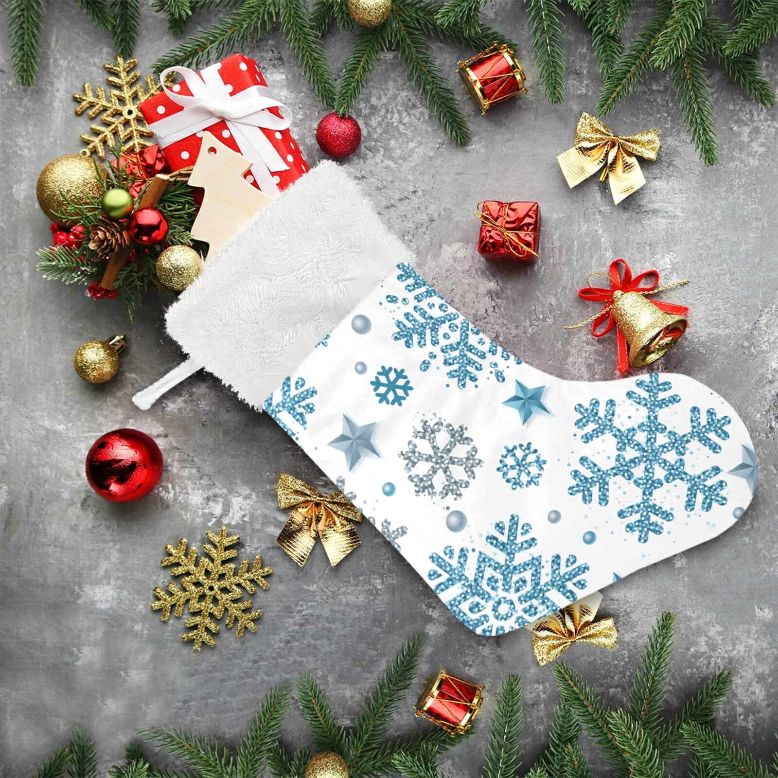 Christmas Stockings with Silver & Blue Glitter Snowflakes & Stars - 12
