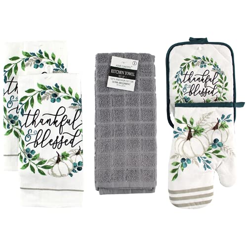 Serafina Home Fall Harvest Blue & White Pumpkin Kitchen Dish Towels & Pot Holder Set - 5 Piece Cotton Kitchen Accessories for Autumn Decor, Thanksgiving Dinner & Holiday Hosting